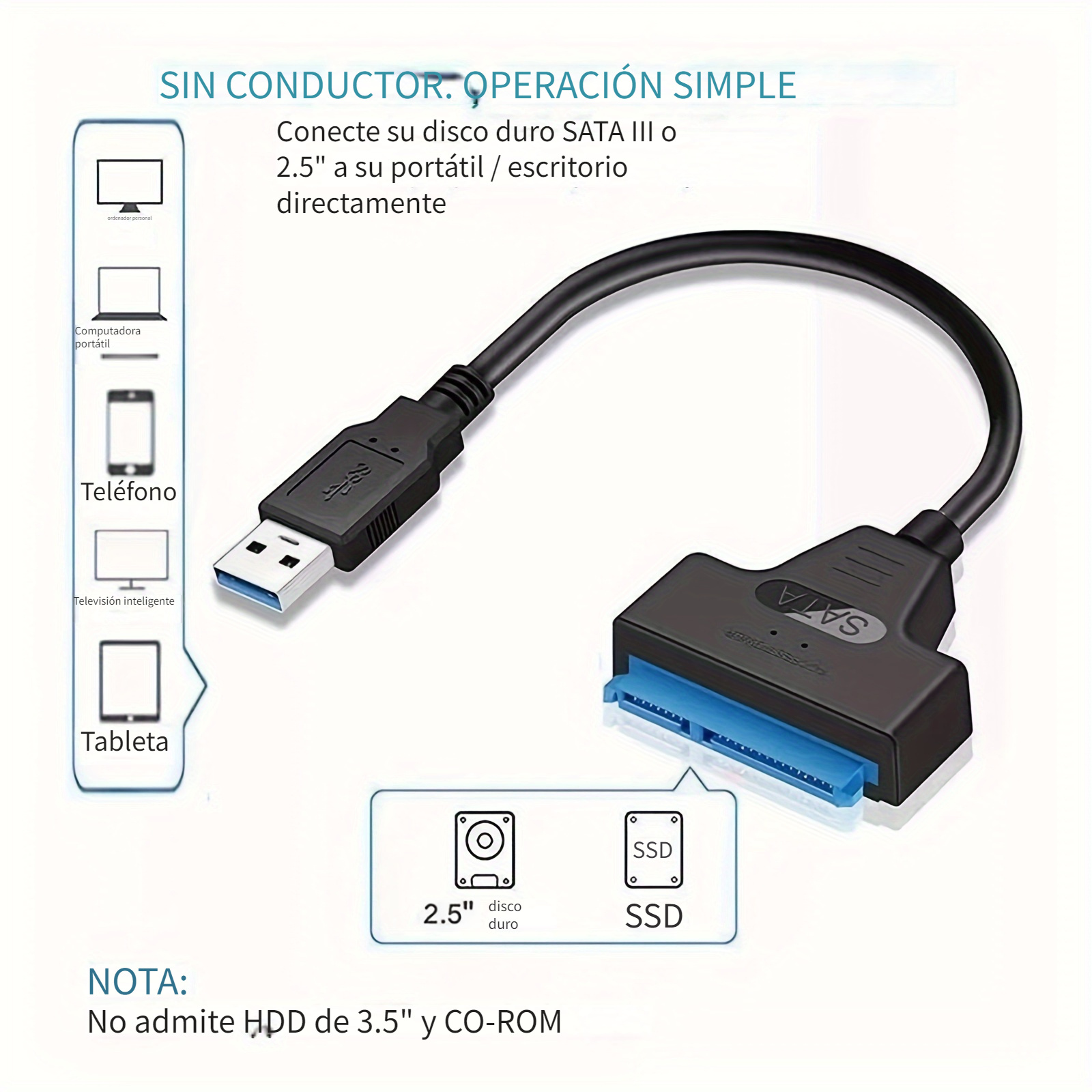 Cable SATA a USB - Adaptador de Disco Rígido USB 3.0 a SATA III de 2,5 -  Conversor Externo para Disco Duro o SSD para Transferencia de Datos