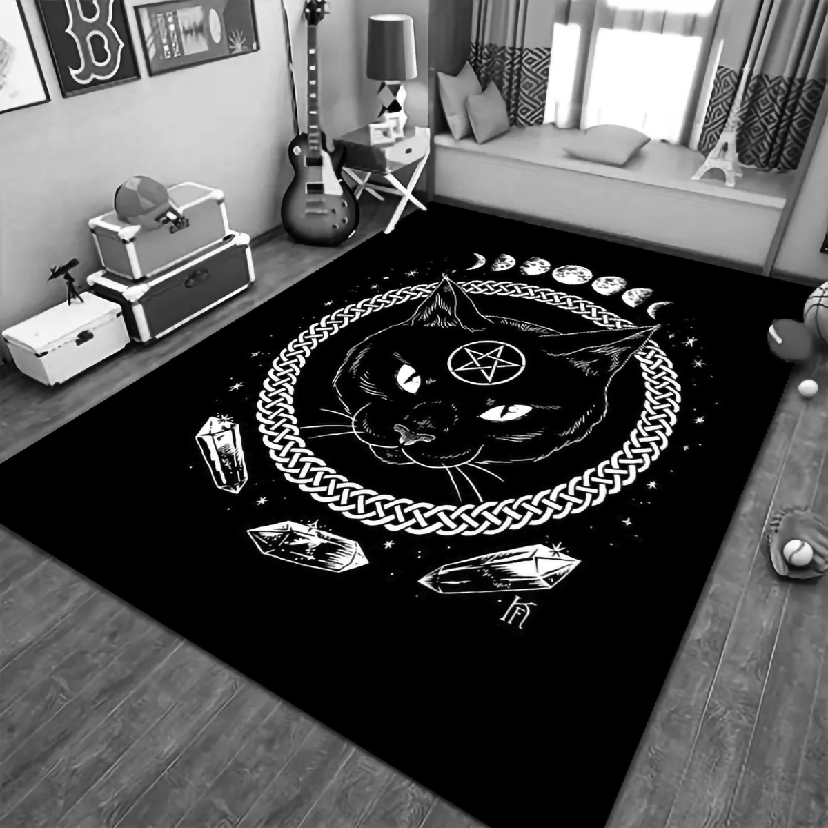 Gothic black cat area rug Halloween rug