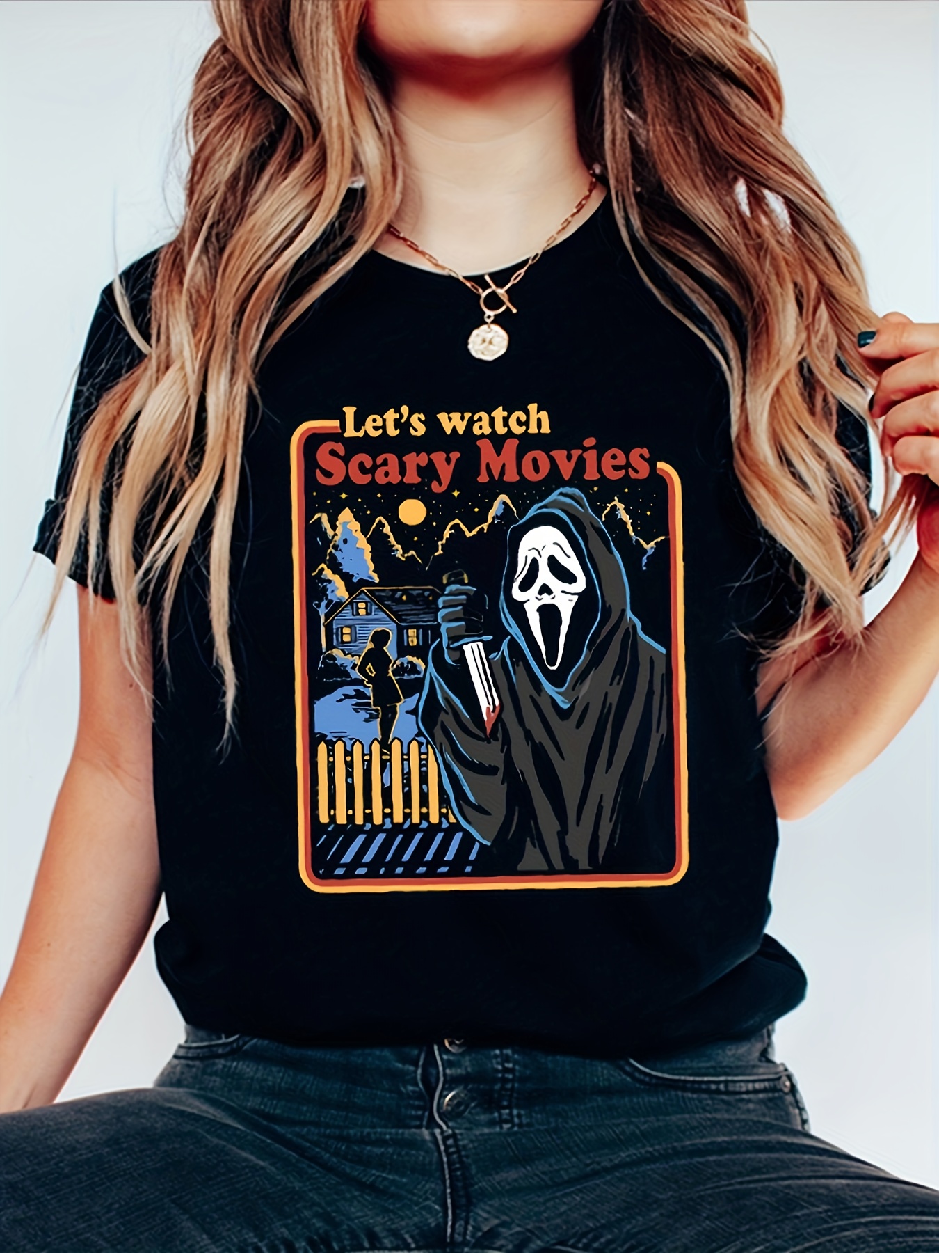 Let's Watch Scary Movies Skull Pattern Tee, Men's Casual Crew Neck