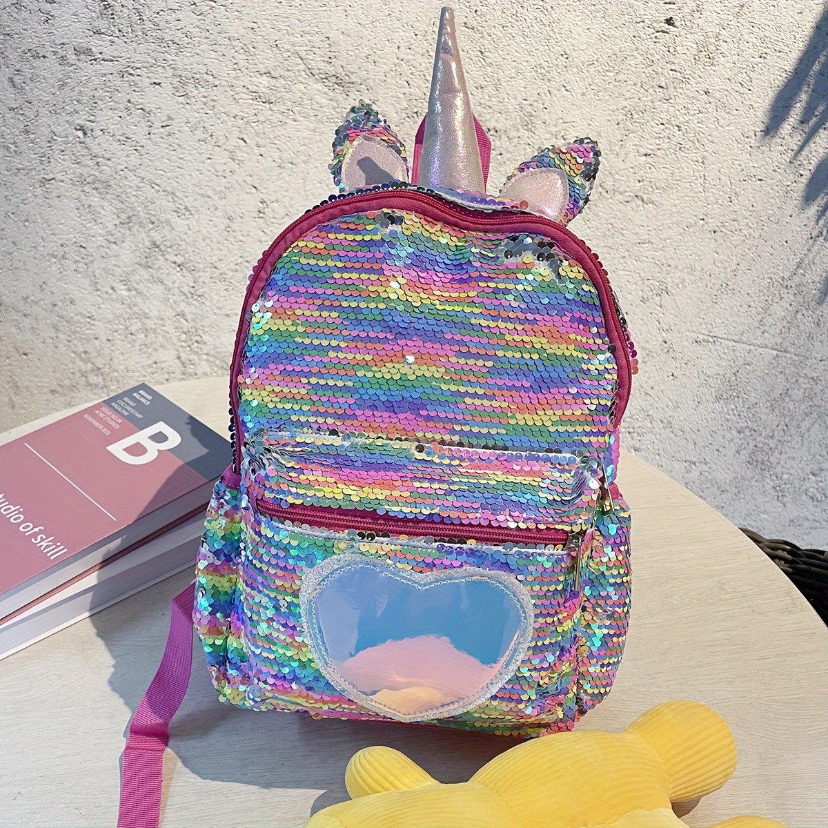 Kids Girls School Book Bag Plush Cartoon Unicorn Backpack Sequins Shoulder  Bag b