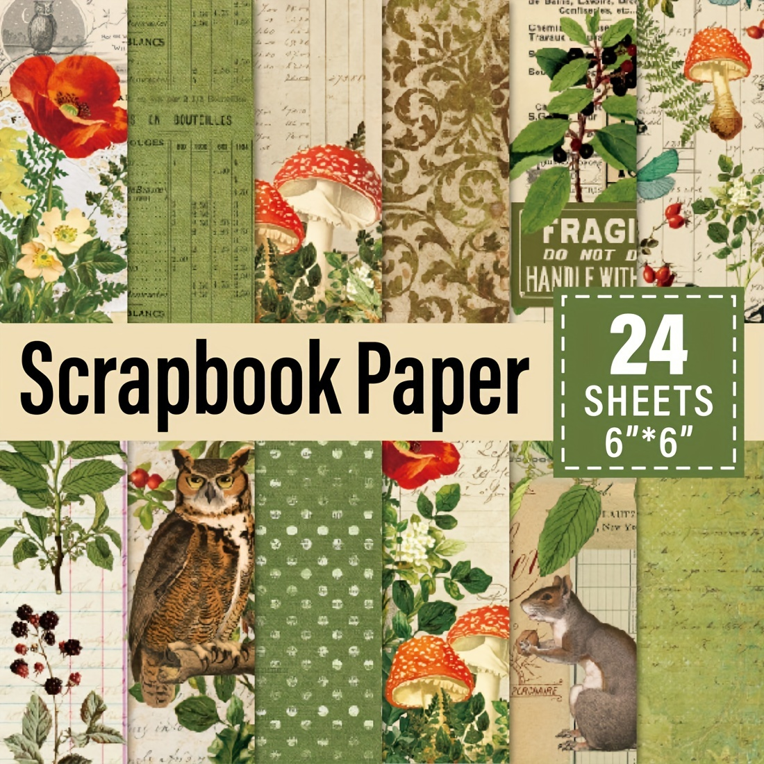 24 Pcs Vintage Scrapbook Paper Pad - 12x12 Scrapbook Paper Pack Plants  Patter