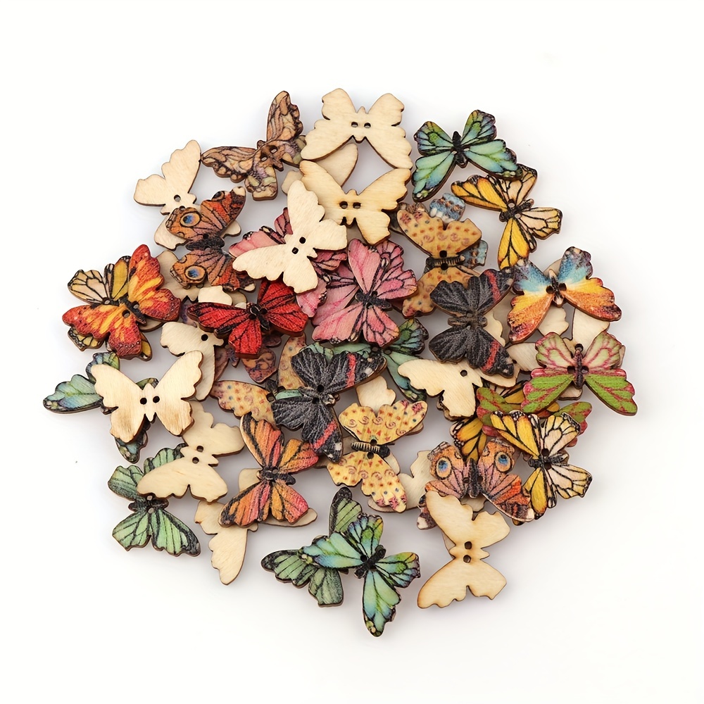 80PCS 2 Holes Wooden Handmade Buttons Sewing-Butterfly Flat Round