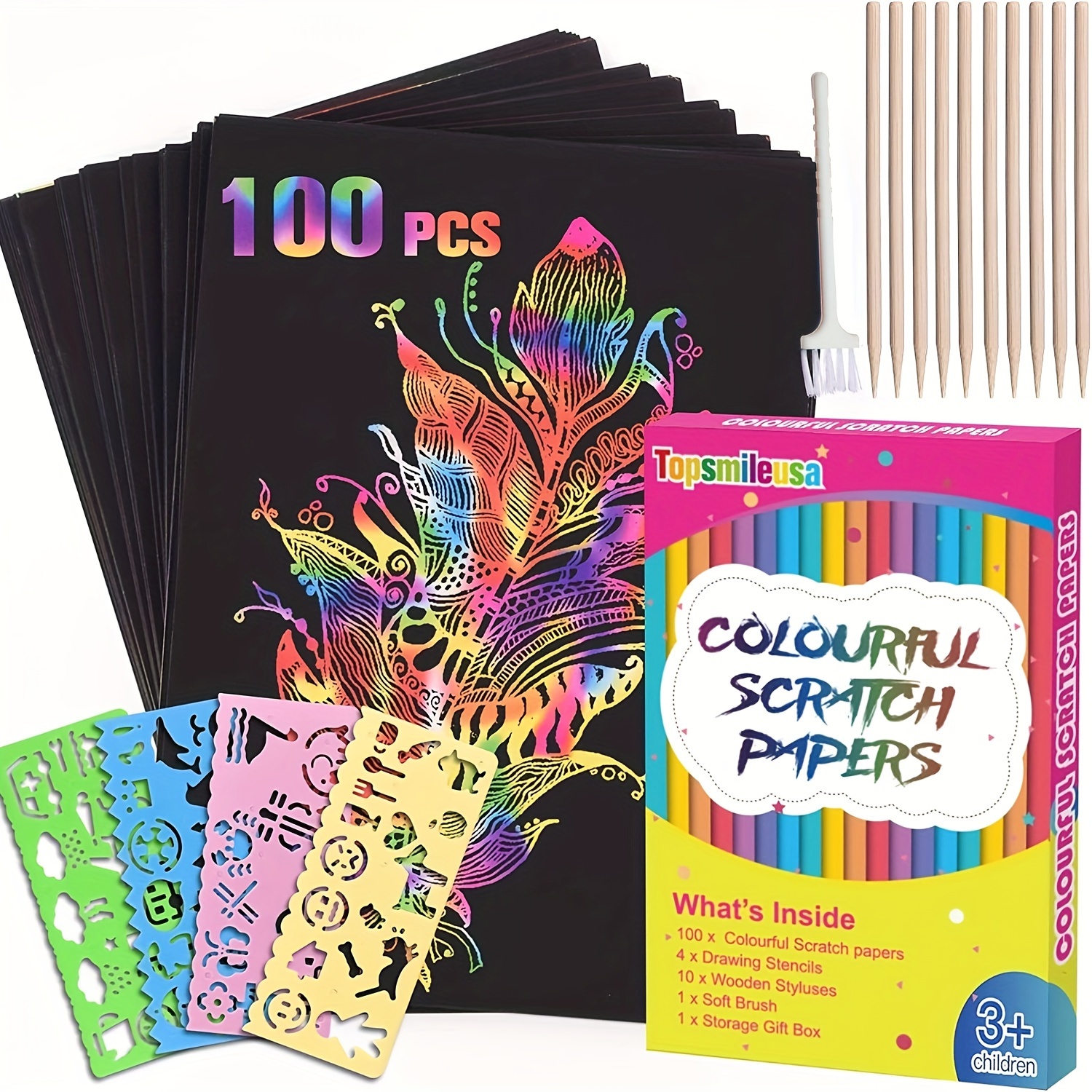 Jeexi Scratch Paper Art Set for Kids, 107pc Rainbow Card Scratch Art, Black  Scratch it Off Paper Crafts Notes with 10 Wooden Stylus and 4 Stencils for  Kids DIY Christmas Birthday Gift