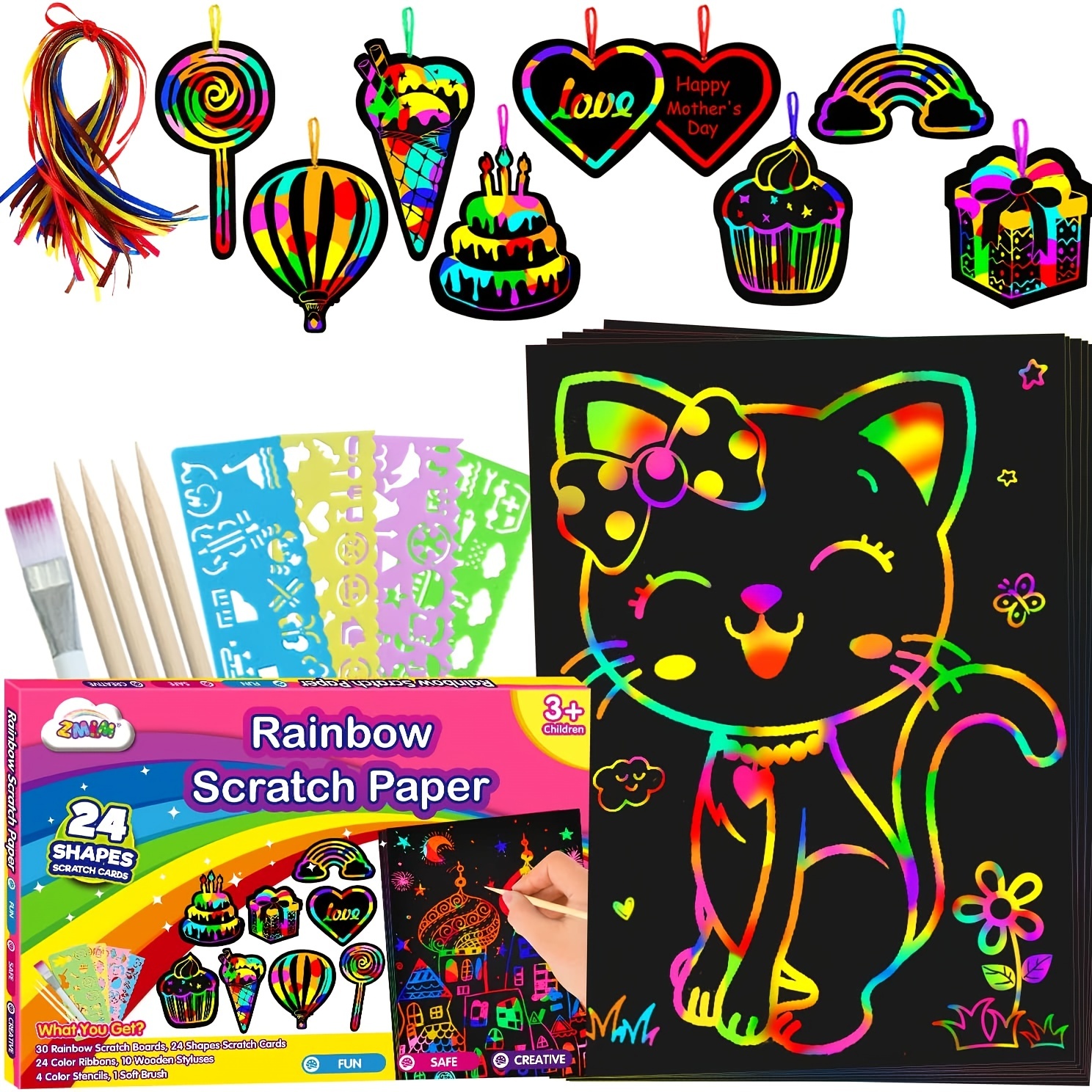 Rainbow Scratch Paper Magic Art 10 Design Trace Pages A4 Book with Wooden  Stylus