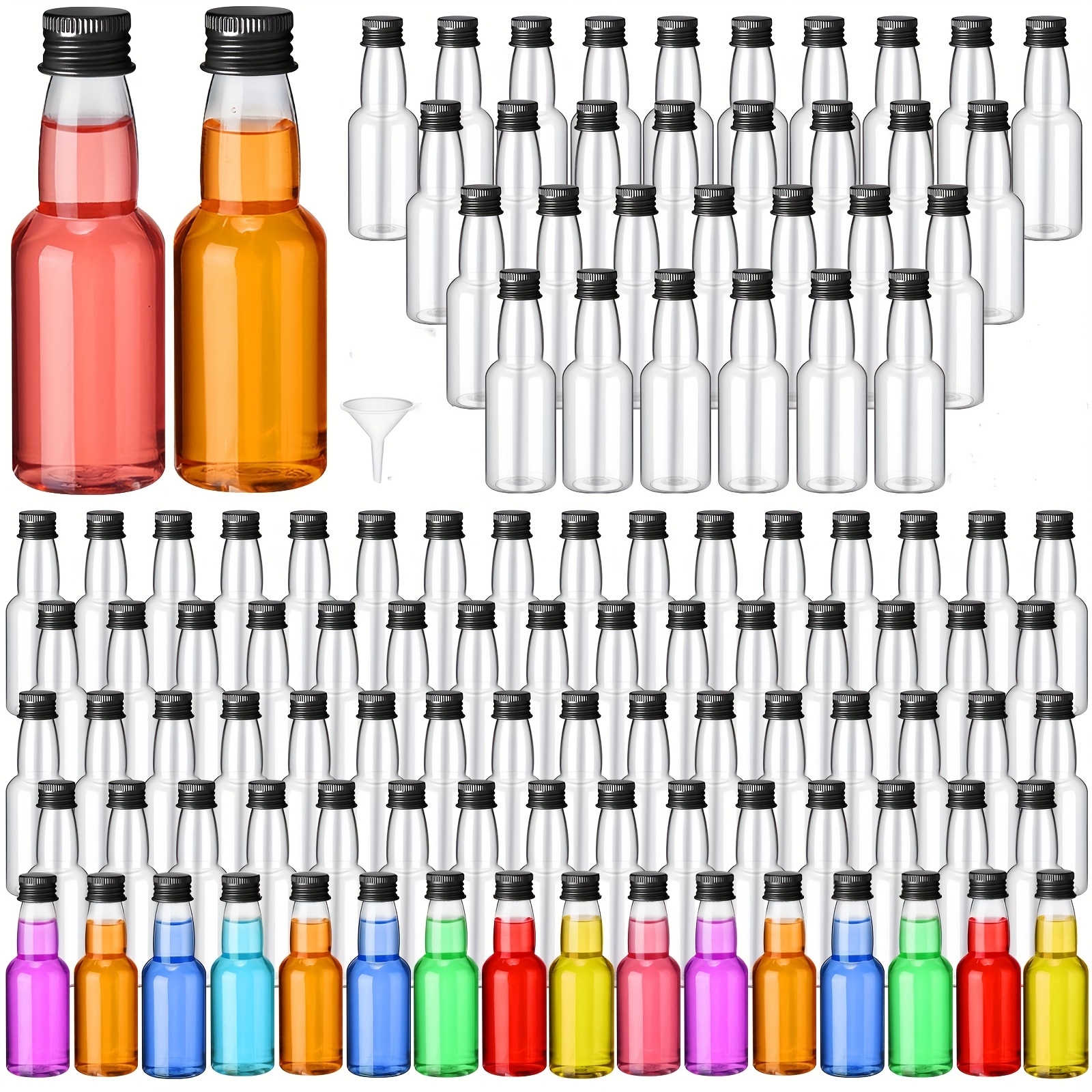  200 mini botellas de licor de 1.7 onzas, botella vacía de  plástico con tapa de rosca negra, mini botellas de vino, botellas de salsa  caliente, botellas de chupito con tapas, embudo