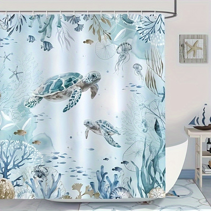 1Pc Decoración Marina Cortina De Ducha, Cortina De Baño De Tela  Impermeable, Lindas Cortinas De Tela De Poliéster Con Tortugas Para  Ventanas Con 12 Ga