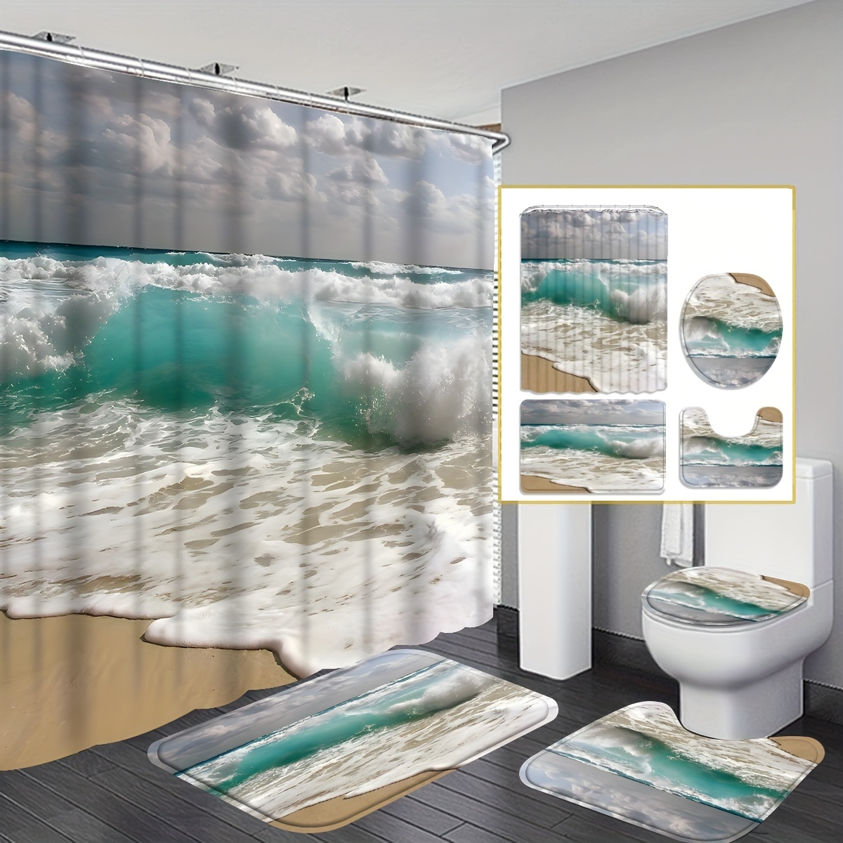Divertida cortina de ducha con diseño de gato de dinosaurio en ondas  Kanagawa japonesas para baño, juego de cortina de ducha de anime divertido  de