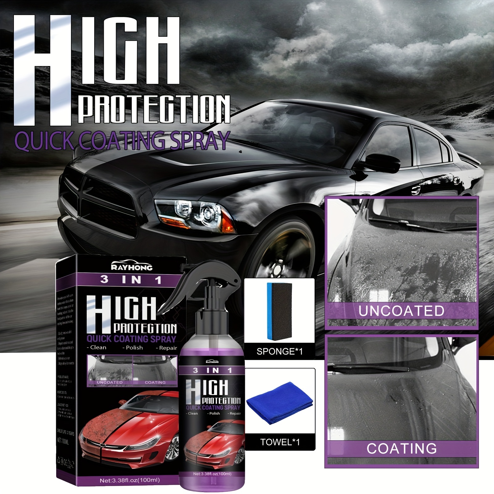 Rayhong Spray Coating Agent, Multi-functional Coating Renewal Agent, 3 in 1 Ceramic Car Coating Spray, High Protection Quick Car Coating Spray (1 Pc)