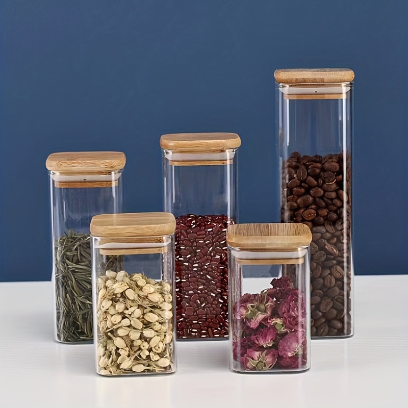 4Pcs Acacia Wood Cover Seasoning Jar Square Transparent Glass Bottles  Kitchen Storage Salt Spice Restaurant Sealing