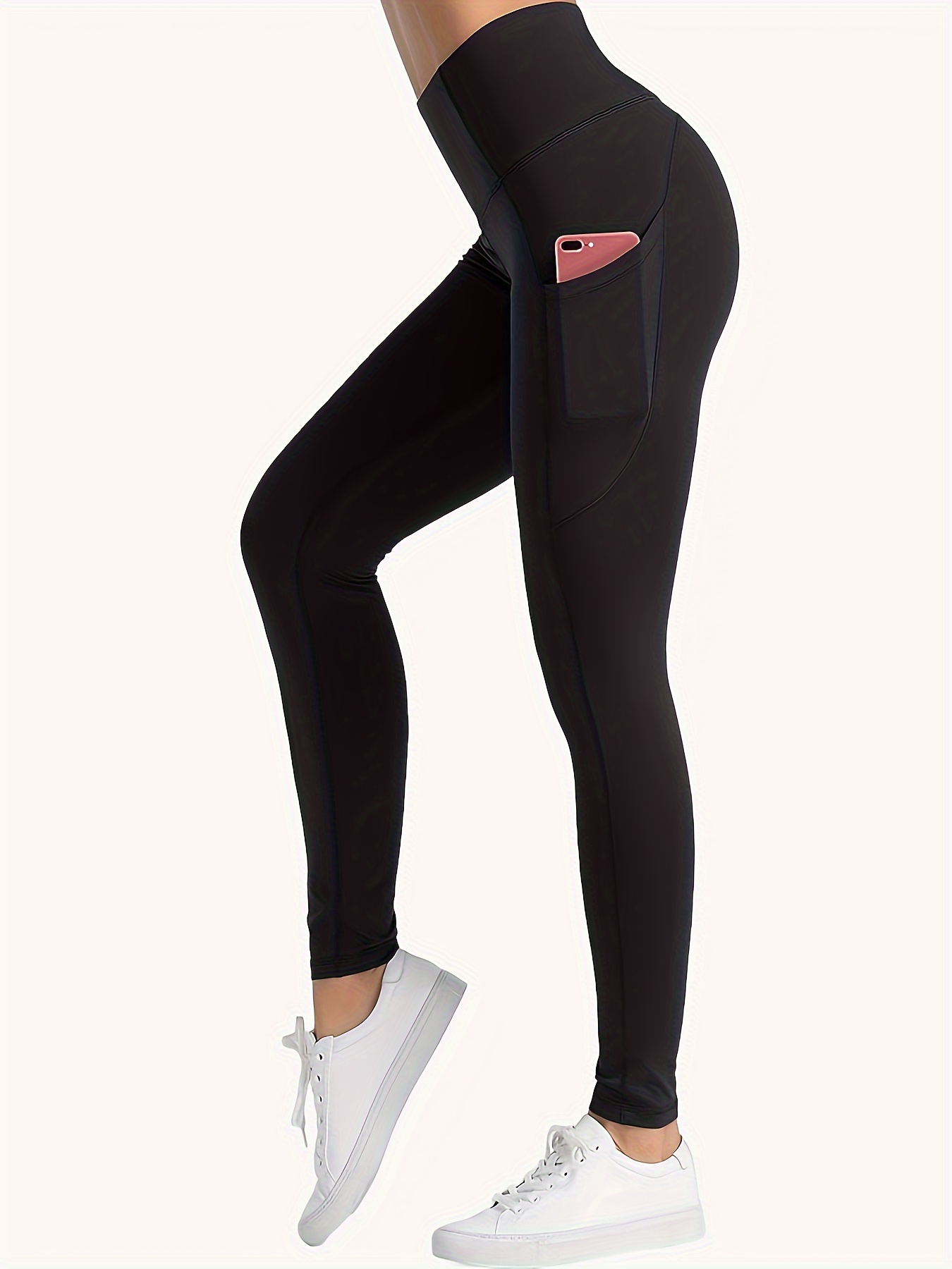 Black Solid Color High Waist Tights Long Pants With Pockets, Quick Dry  Sports Fitness Yoga Running Leggings