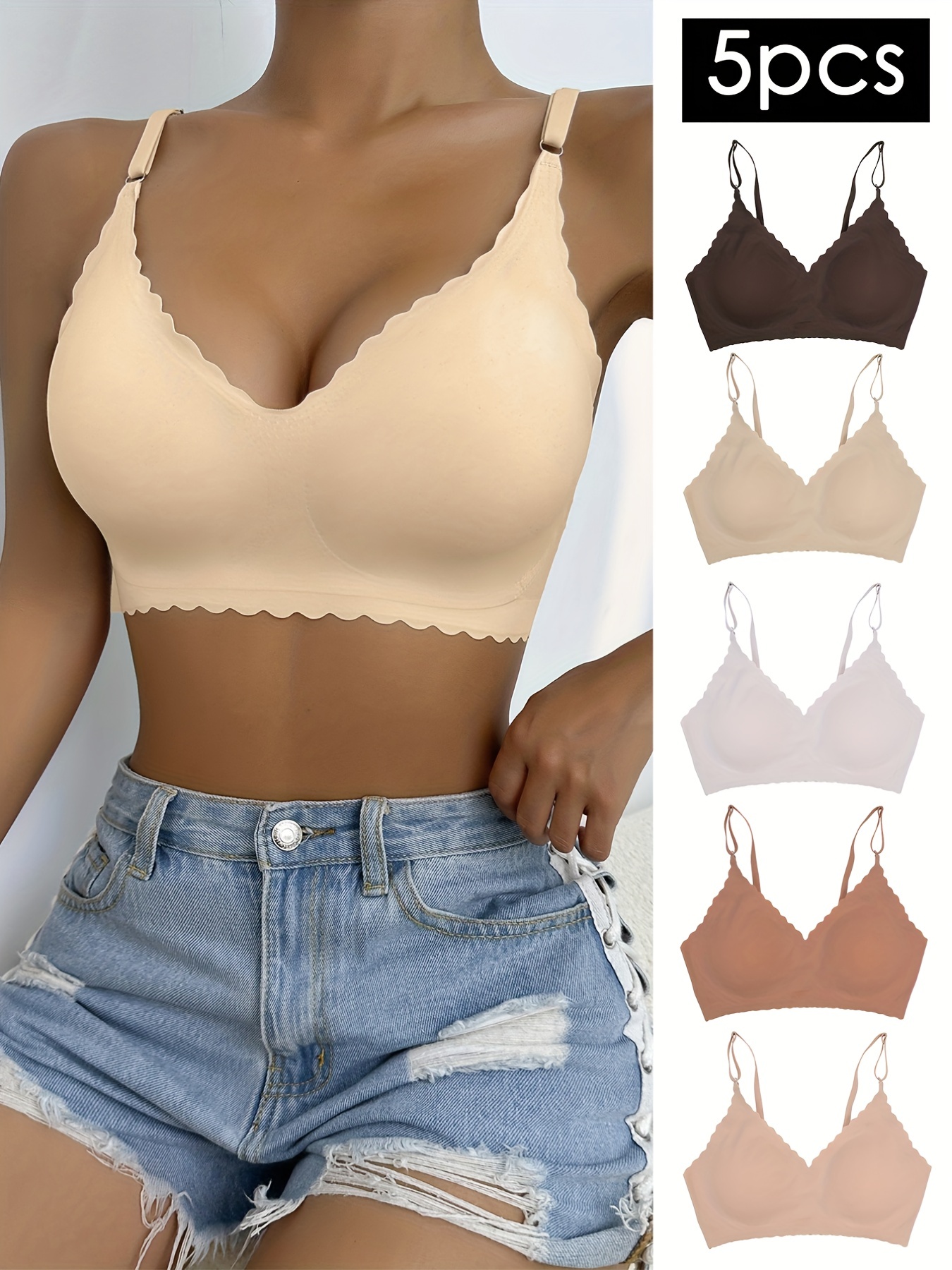 Simple Solid T shirt Bras Comfy Breathable Scallop Trim Push - Temu