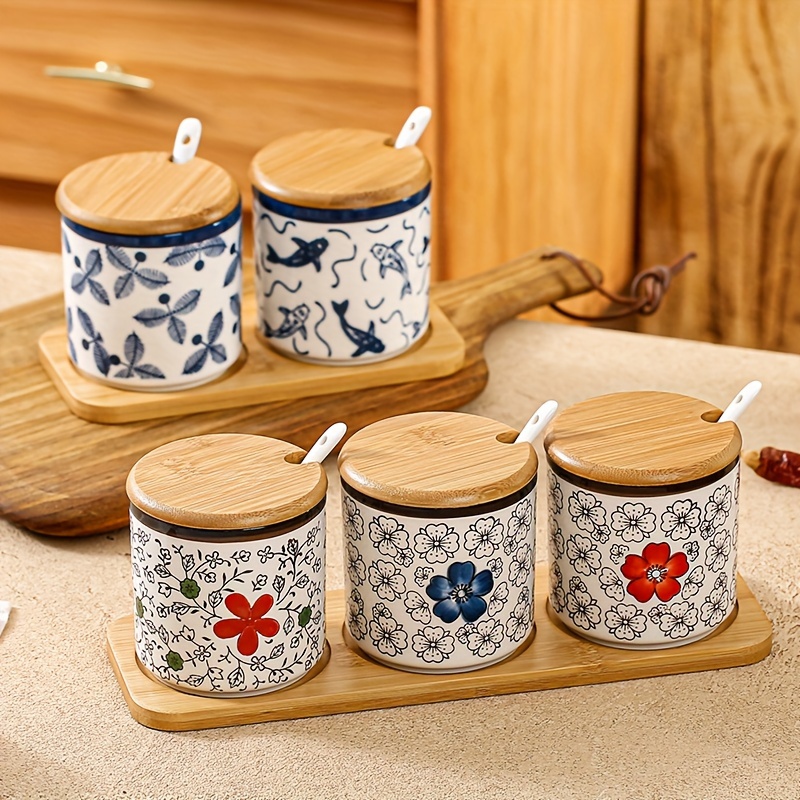 5 in 1 Ceramic Condiment Jar Set, Seasoning Box Condiment Pots, Spice Jars  Container for Sugar/Salt/Pepper with Bamboo Lids Wooden Tray for Kitchen