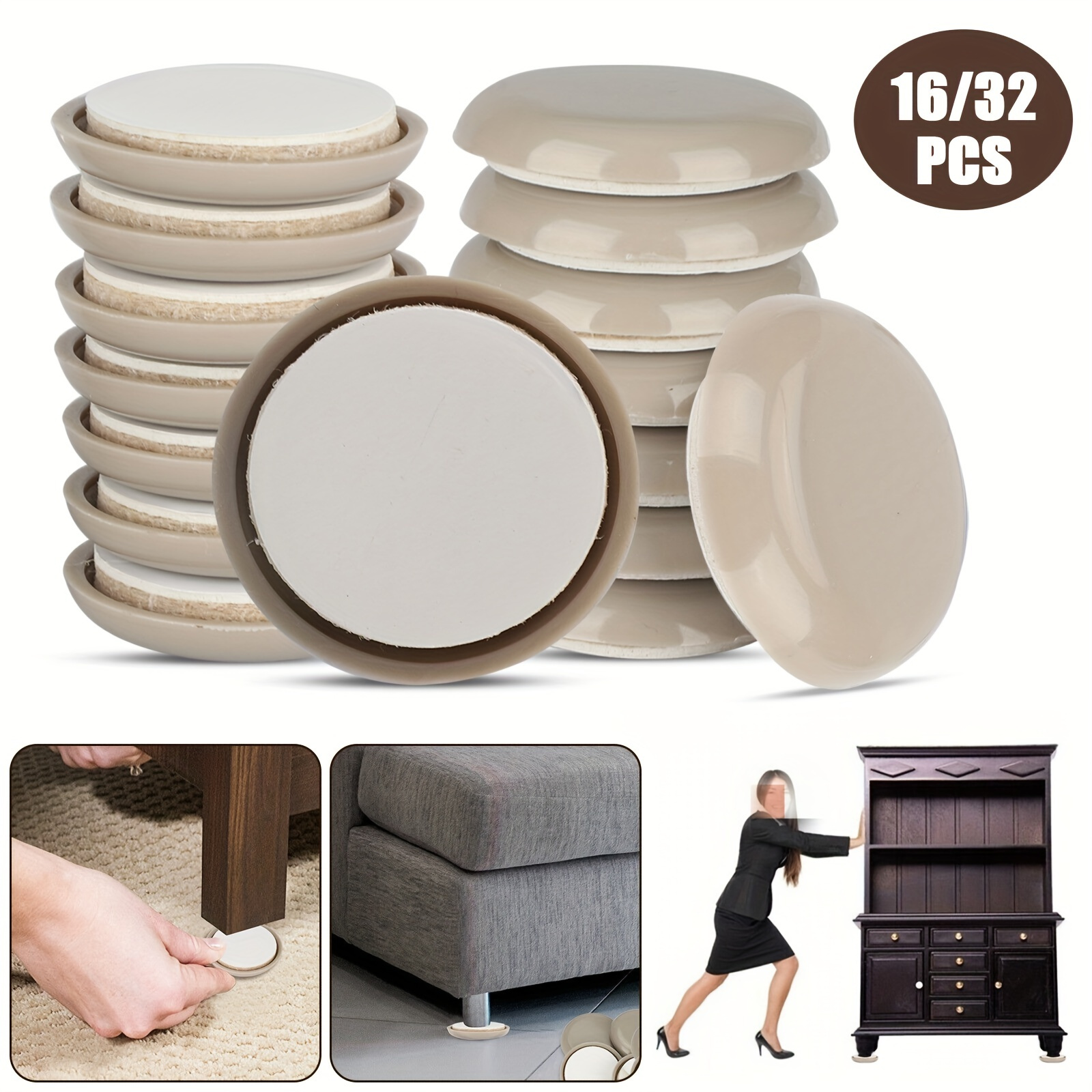 8 PC Brown Round Furniture Sliders Glides Feet Movers 3.5 Pads Mat Floor Carpet