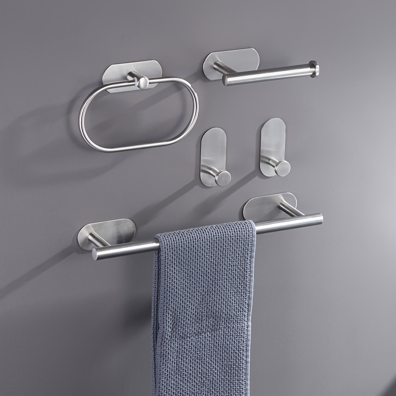 Toallero adhesivo con ganchos, toallero de baño para pegar sin taladro,  soporte de toalla de montaje de cinta adhesiva fuerte, aluminio espacial