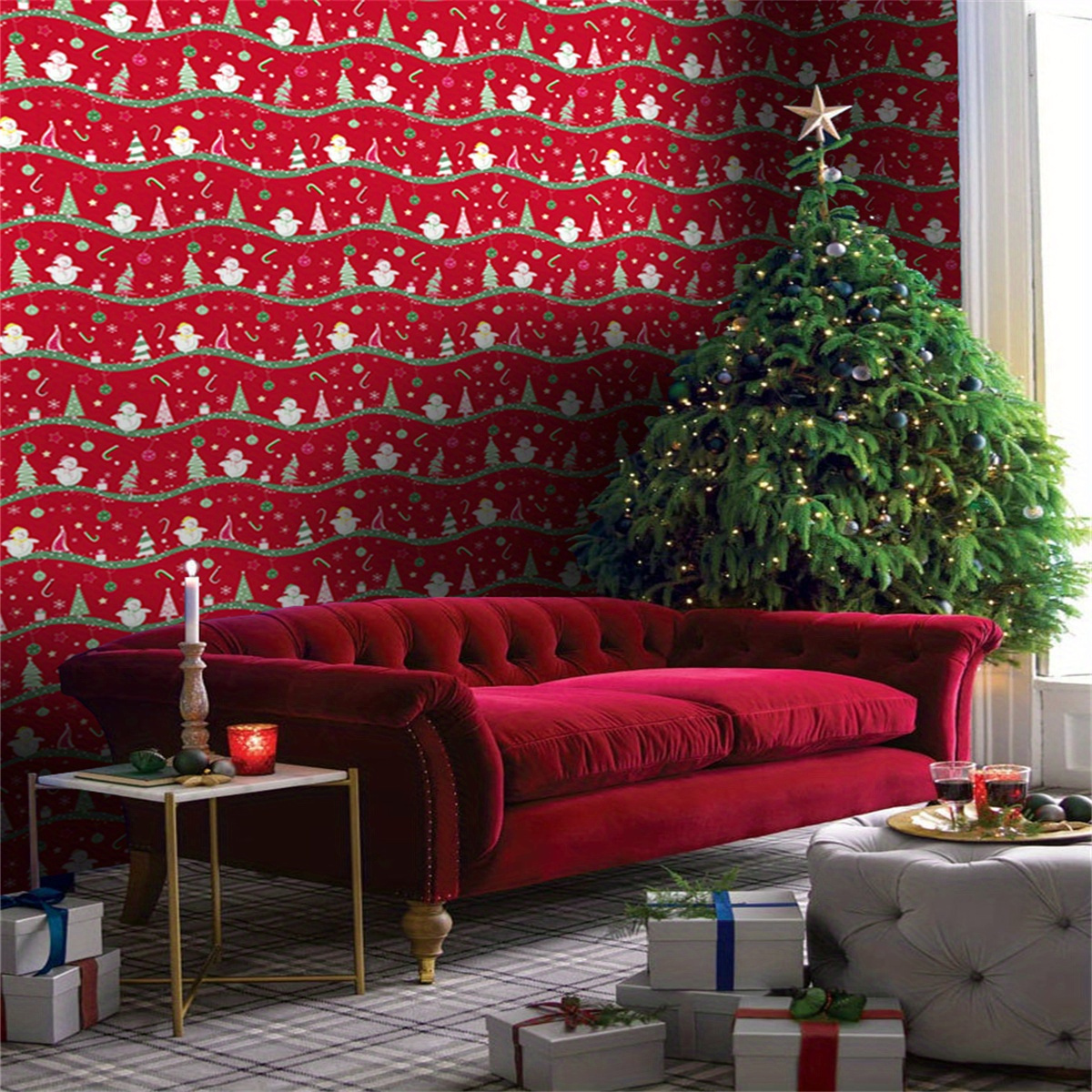 Papel pintado rojo de Navidad con tema de año nuevo, papel tapiz rojo de  Navidad, papel tapiz autoadhesivo autoadhesivo de gran tamaño para pared