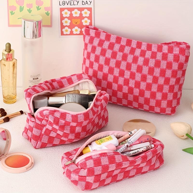 2Pcs Small Makeup Bag for Purse Checkered Cosmetic Bag Cute Makeup Pouch  Pink Makeup Bag and Makeup Brushes Bag Y2K Aesthetic Accessories for Women