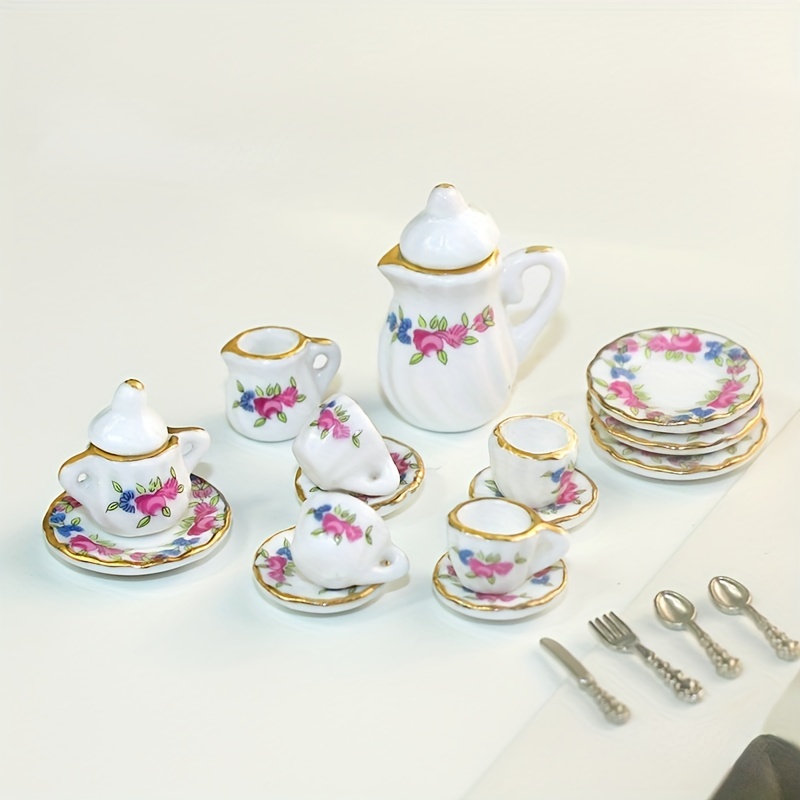 Mini Tea Set Toy Dollhouse Tea Set Tea Pot Cups Plates Miniature Furniture  Doll House Kit (Random)