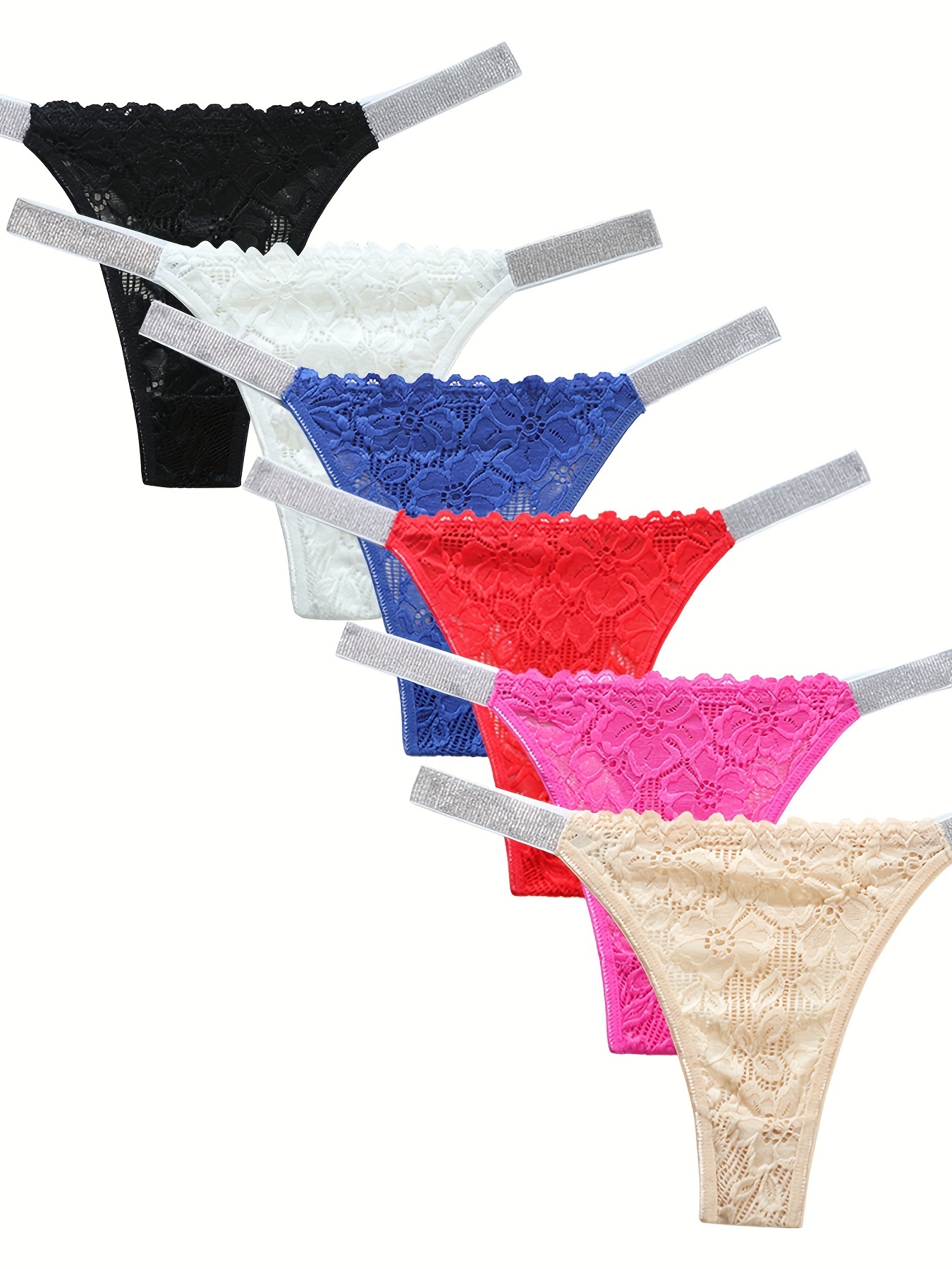 7 Pcs Sexy Days Of The Week Underpants Colorful Lace Thongs, Solid Color V  String Ring Semi-Sheer Lace Thongs, Women's Lingerie & Underwear