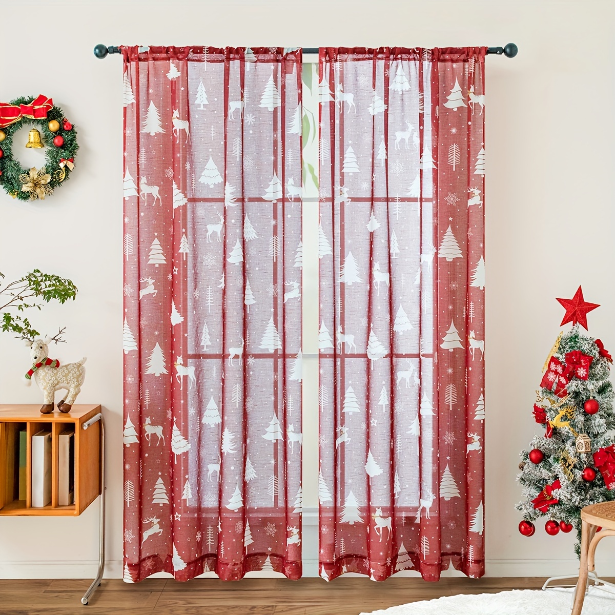 1pc Valance/2pcs Cortina de Café, Cortina de Nivel de Cocina Navideña,  Cortinas Navideñas para Sala de Estar Cocina Decoraciones Navideñas,  Cortina pa