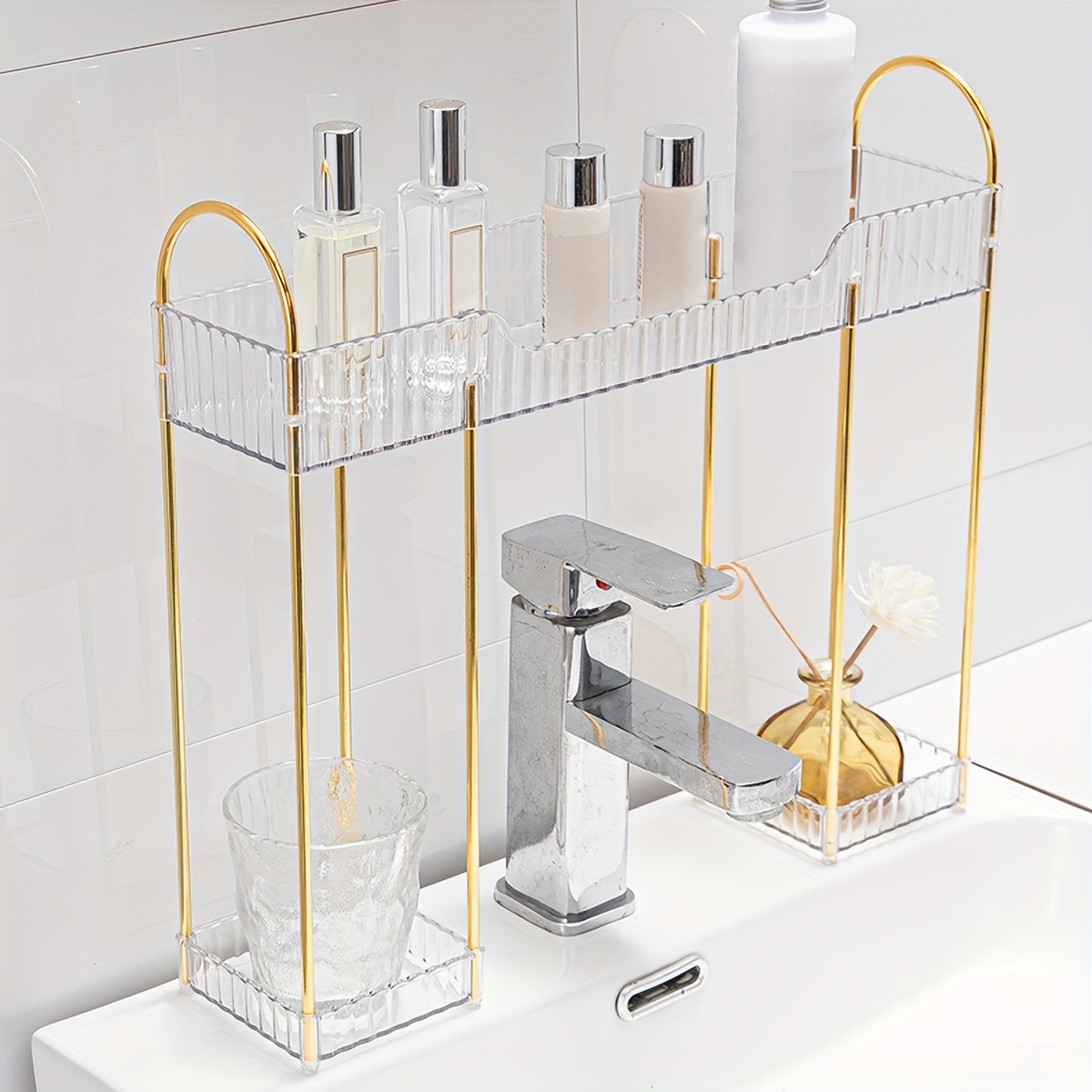 1pc Gold Bathroom Faucet Storage Shelf For Toiletries And Hand