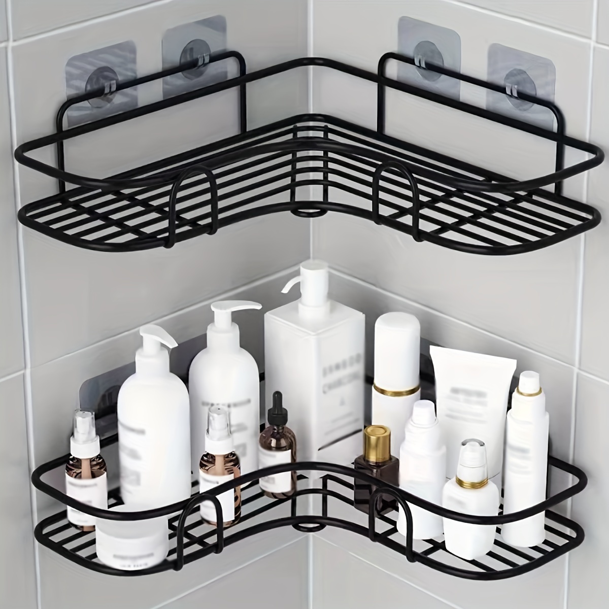 Estante de ducha negro, estante de ducha de metal para montar en la pared  con ganchos, organizador de ducha para champú, cesta de almacenamiento de