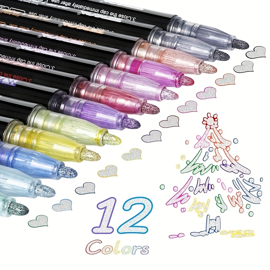 12 Pcs Doodle Dazzles Shimmer Marker Set Double Line Outline Pen Metallic