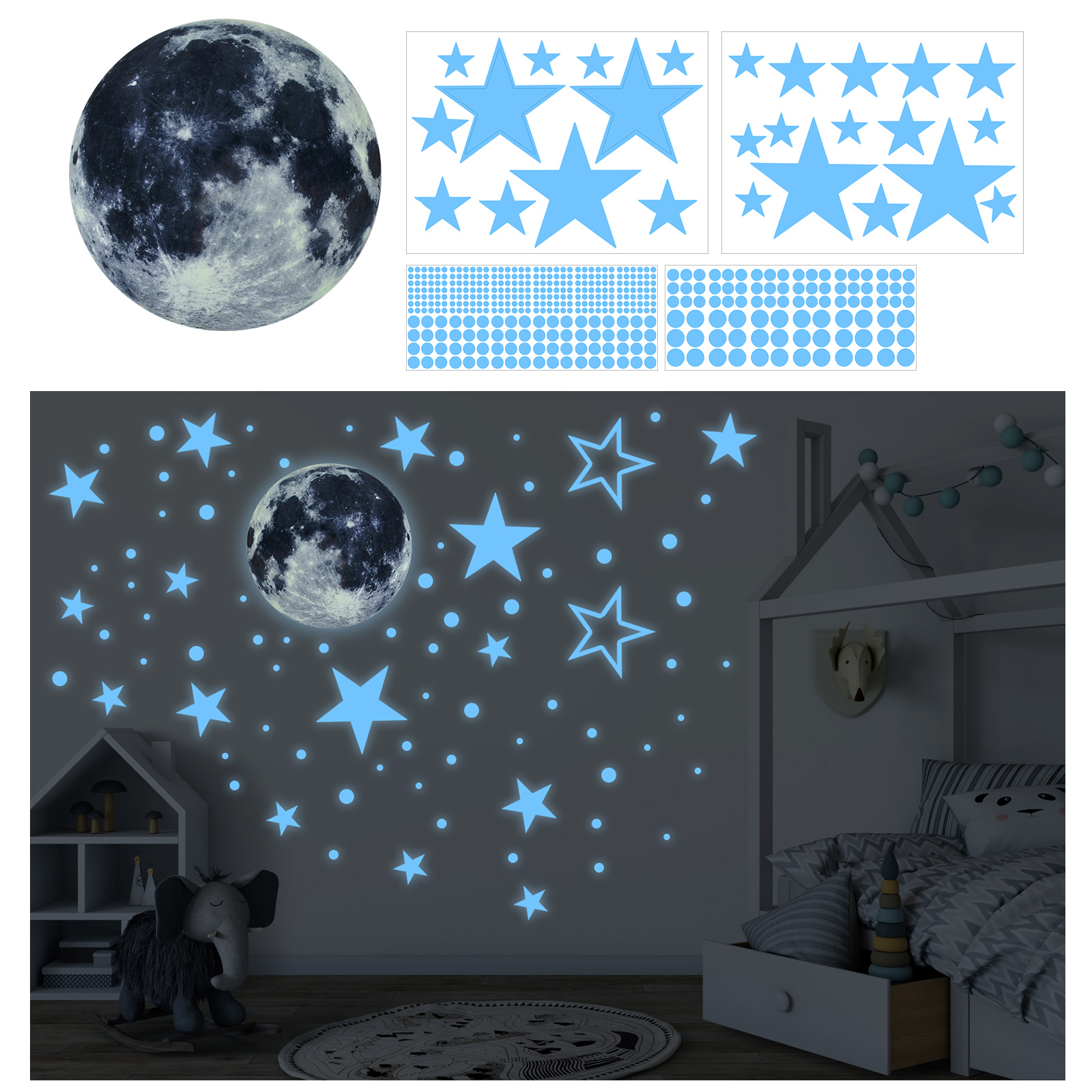 Pegatinas luminosas con diseño de estrellas de la luna, pegatinas  fluorescentes autoadhesivas que brillan en la oscuridad, pegatina de pared  para