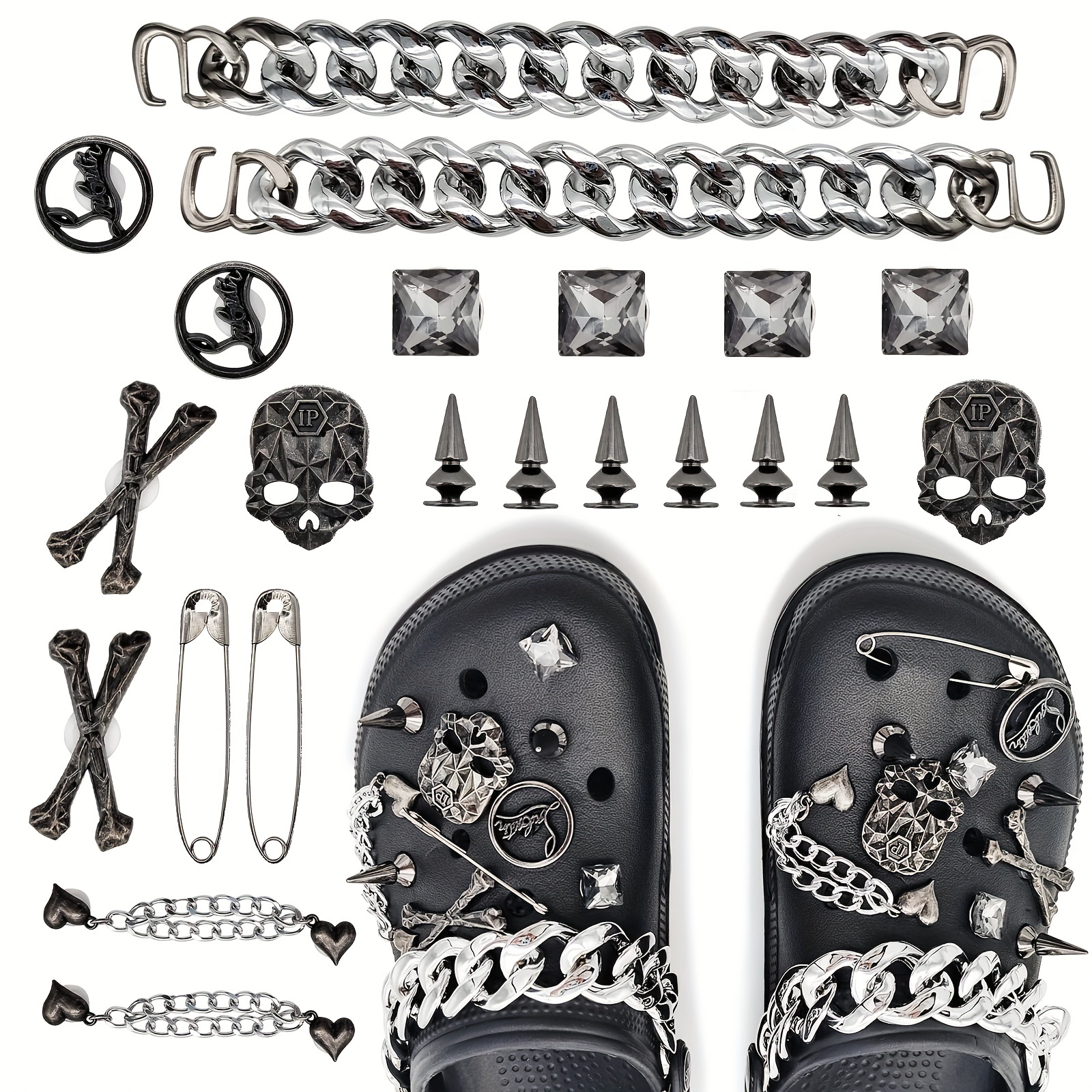 Metal Punk Charms and Chains Goth Shoe Charms Metal Spike Shoe Charm Spikes Croc  Charms Silver Shoe Charm Silver Chain Shoe Charm 
