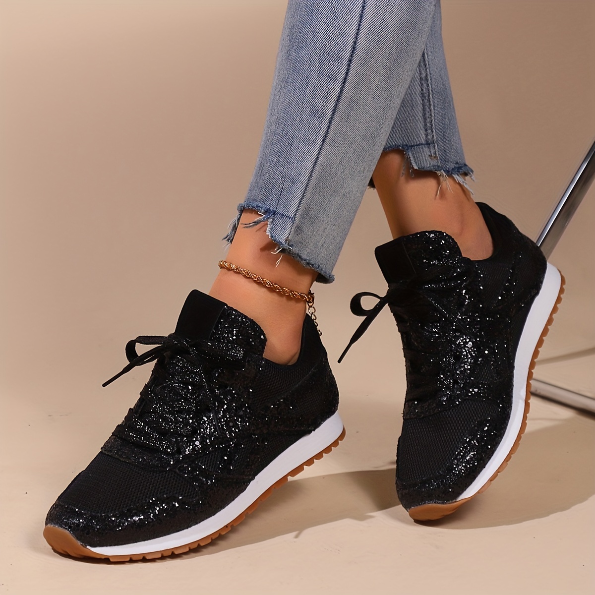 Womens Sparkly Glitter Trainers Sequins Sneakers Lace Up Sports Running  Shoes