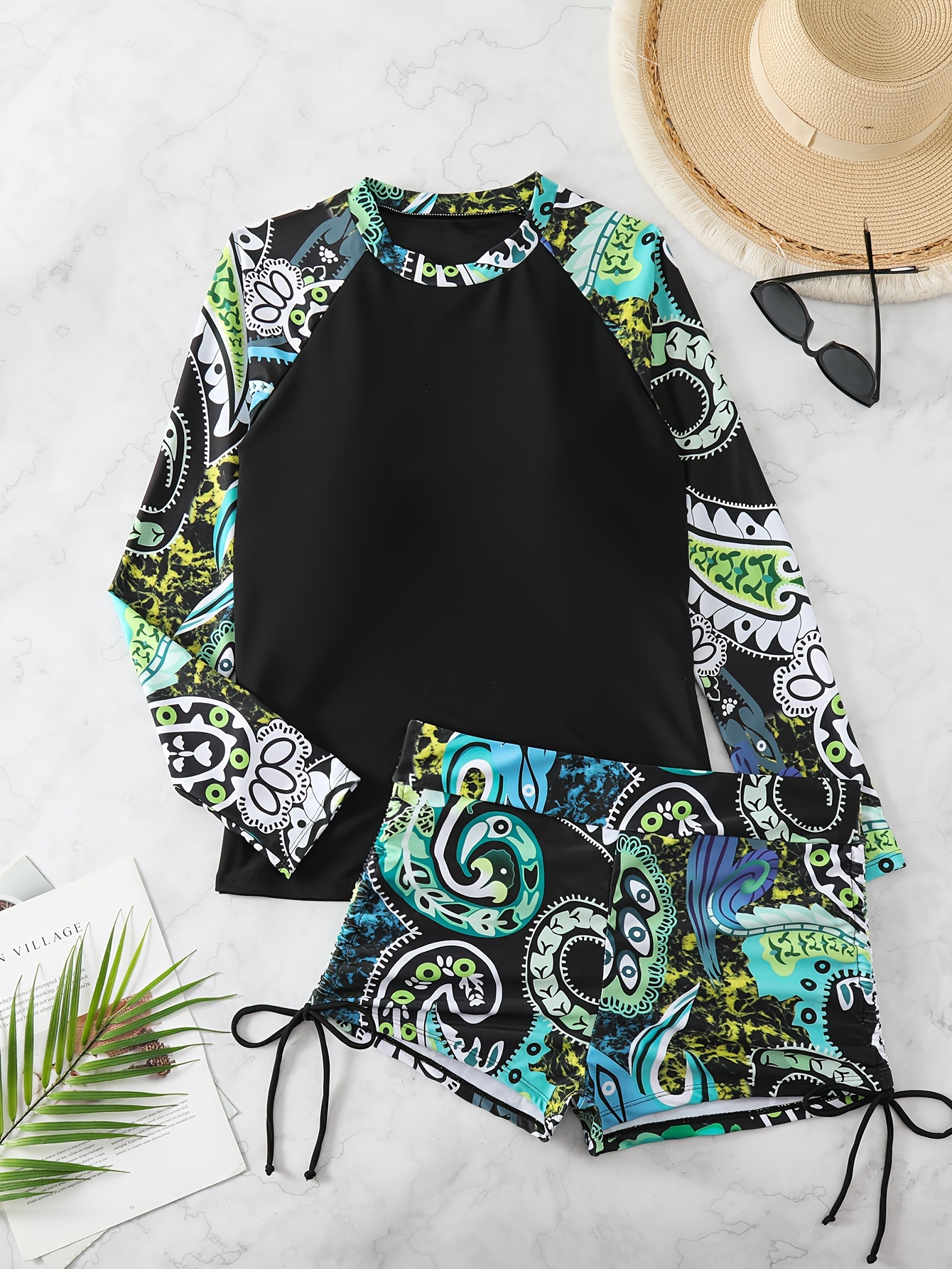 Plus Size Casual Tankini Set, Women's Plus Colorblock Floral Print Long  Sleeve Round Neck Peplum Top & Leggings Swimsuit 2 Piece Set