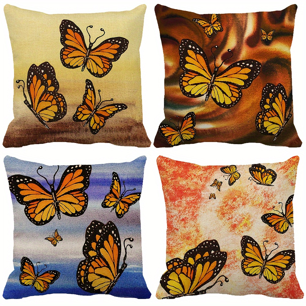 Outdoor Set of 4 Waterproof Throw Pillow Covers 18x18 Inches, Pink Roses and Butterfly Pattern Decorative Cushion Covers, Yellow