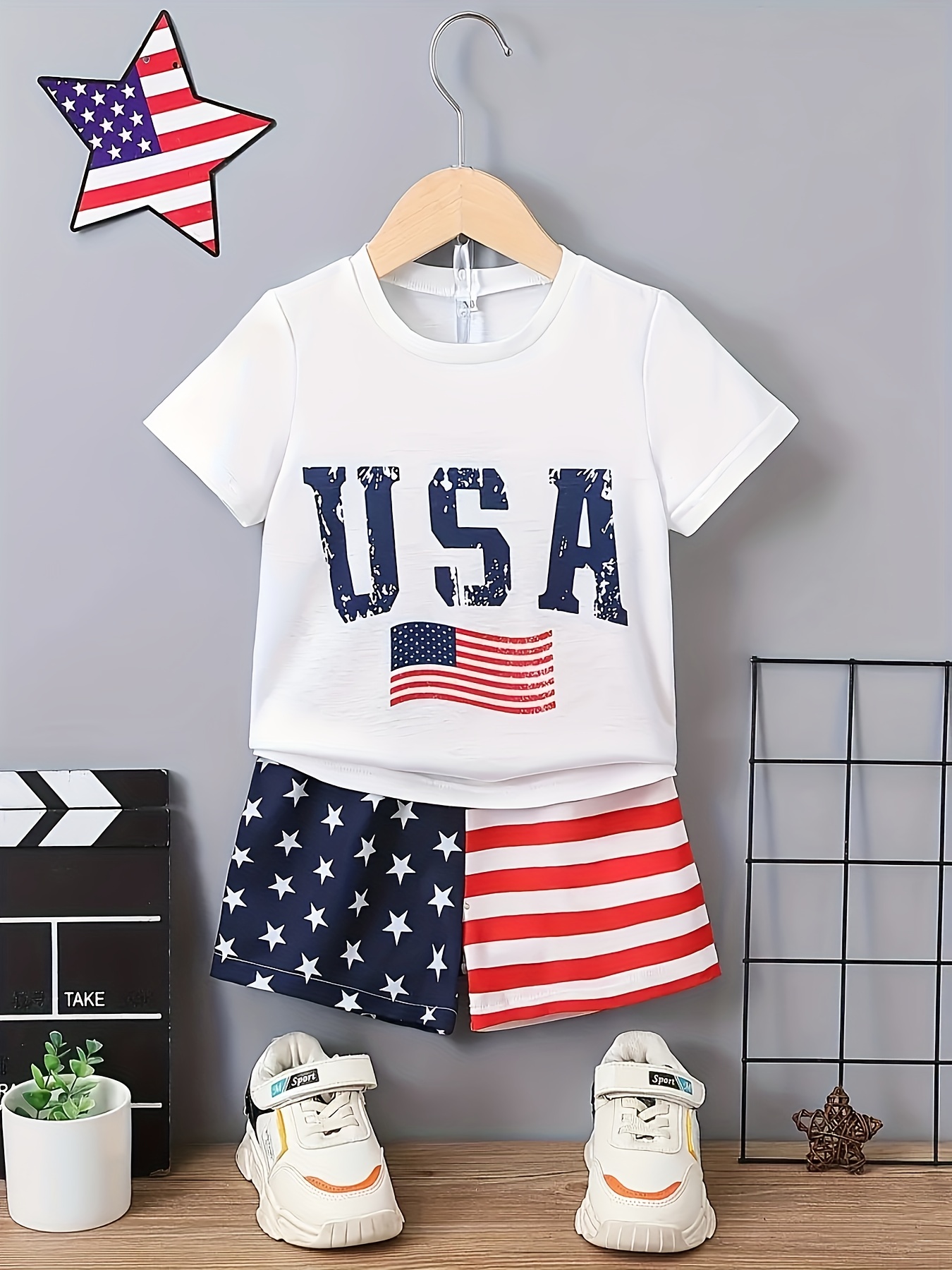 4 de julio, ropa de bebé niño con bandera americana, camisa de manga corta  con botones, pantalones cortos de cintura elástica, 2 piezas, conjunto