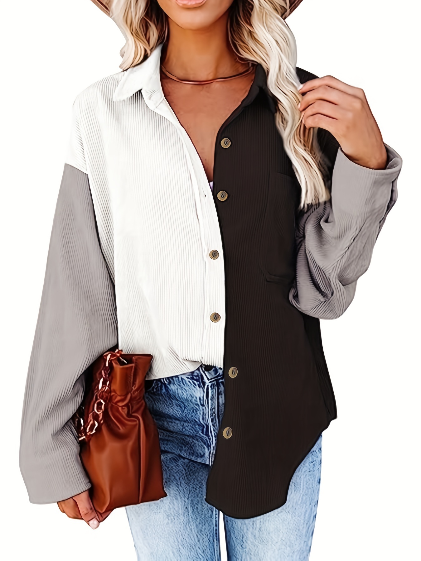 Color Block Corduroy Shirt, Long Sleeve Button Up Casual Top For Spring &  Fall, Women's Clothing