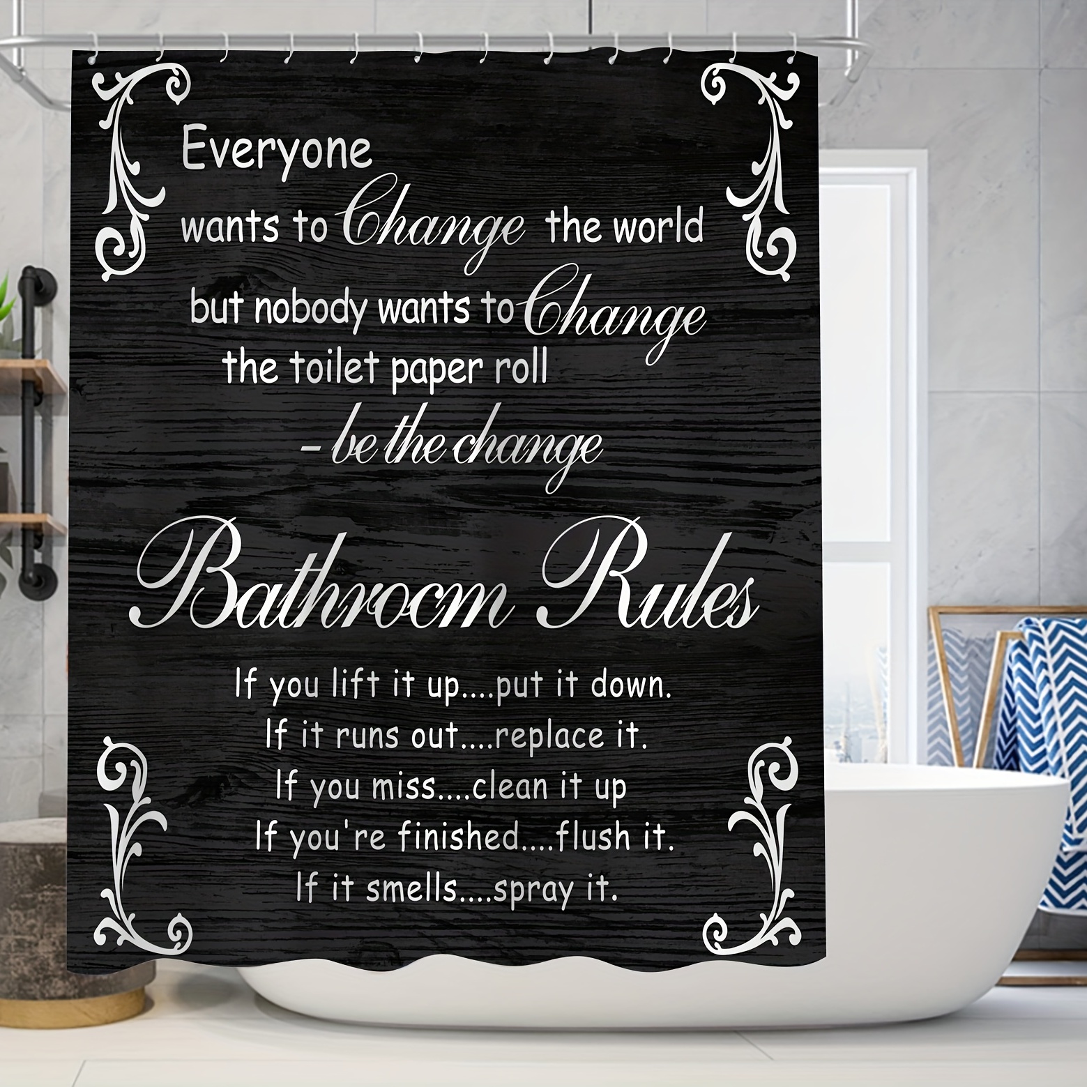 Bathroom Rules Shower Curtain Set Black Bathroom Decor Set - Temu