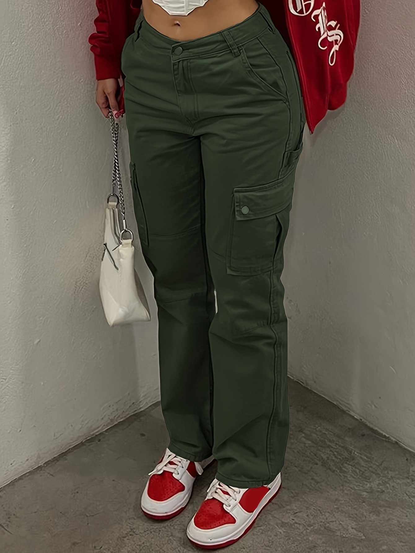 Pantalones Cargo Verde Militar Mujer - Temu