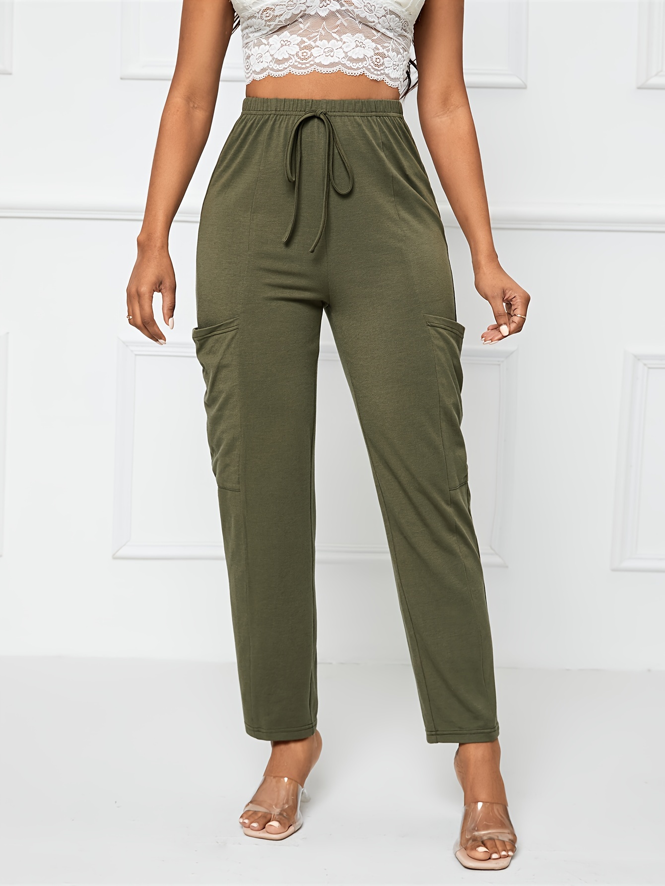 Army Green Cargo Pants Flap Pockets High Waist Loose Fit Non