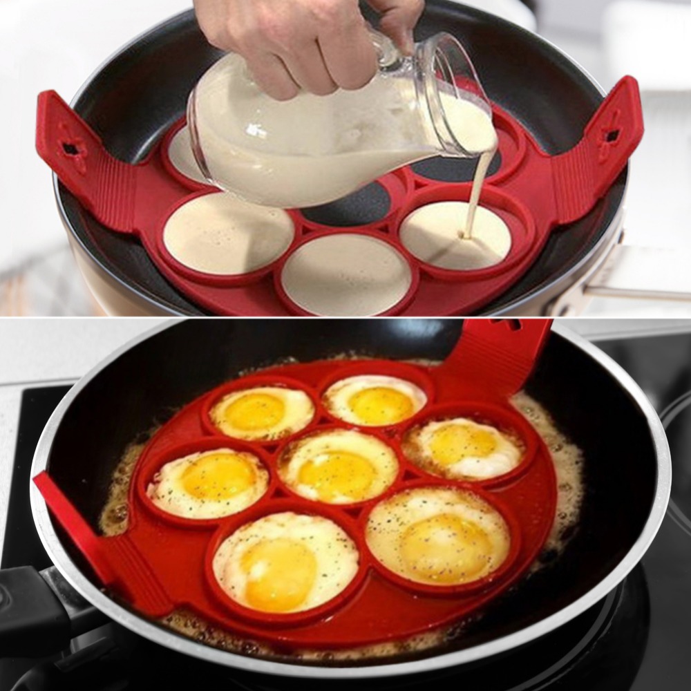 ATUCOHO Silicone Non Stick Fantastic Seven Holes Egg Pancake Maker Ring  Kitchen Baking Omelet Moulds Flip