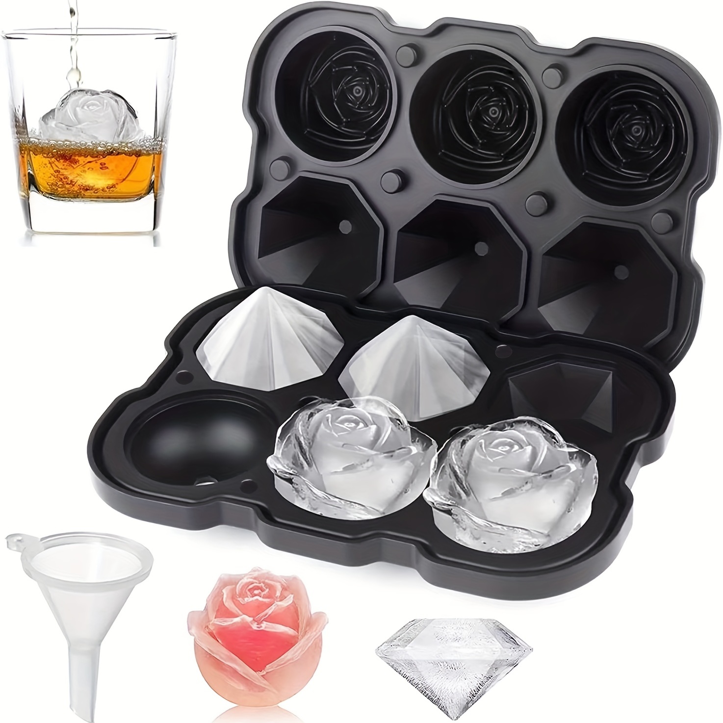 3d Rose, Football, Diamond, And Skull Element Ice Molds -100% Food Grade  Silicone Simple Large Ice Cube Suitable For Freezing Cocktails, Whiskey,  And Fruit Juices - Temu