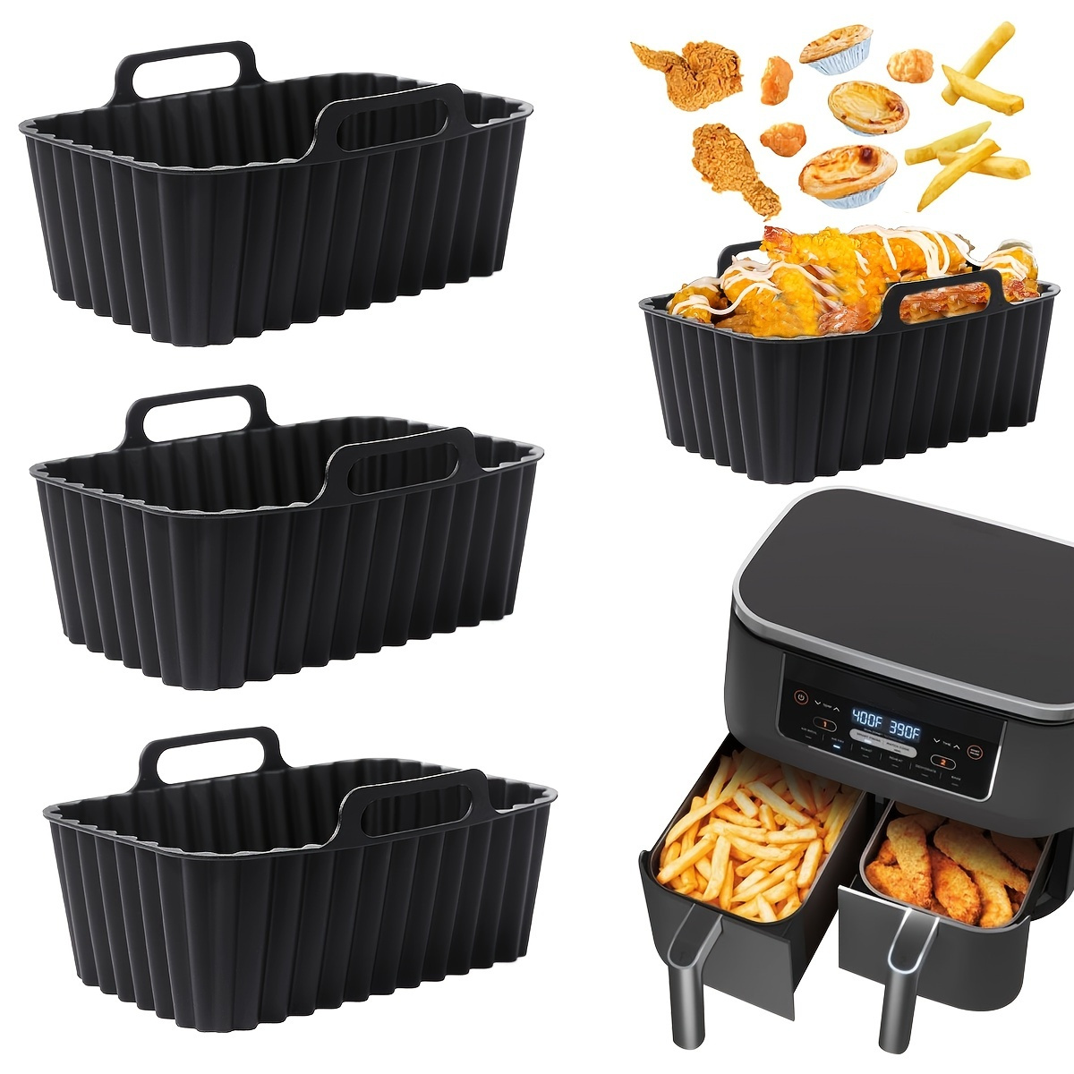 2Pcs Air Fryer Silicone Liners Rectangular for Ninja Foodi Dual DZ201  8QT/DZ090 6QT, MMH Reusable Airfryer Pot Replacement Baking Tray Basket  Insert 