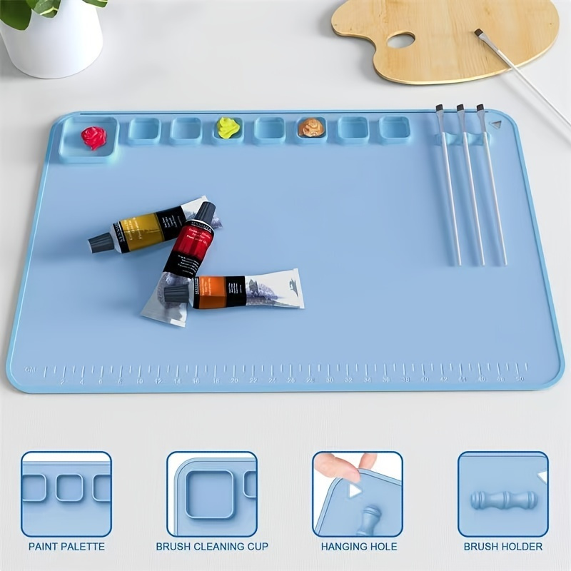 Silicone Painting Mat 20 x 16inch Large Silicone Artist Mat with Paint Tray  and Removable Water Cup Reusable Non Stick Silicone Craft Mat with 10  Brushes for Painting Resin Casting Sky Blue 