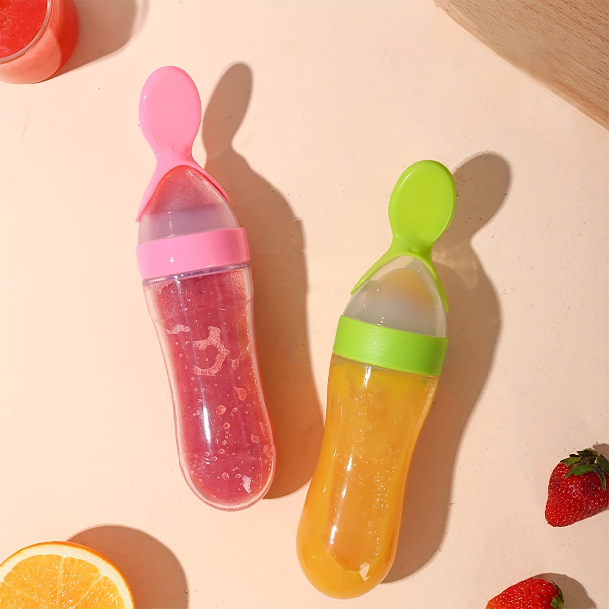 US Baby Silicone Squeeze Feeding Bottle w/Spoon Food Self-stand Feeder  3oz/90ML