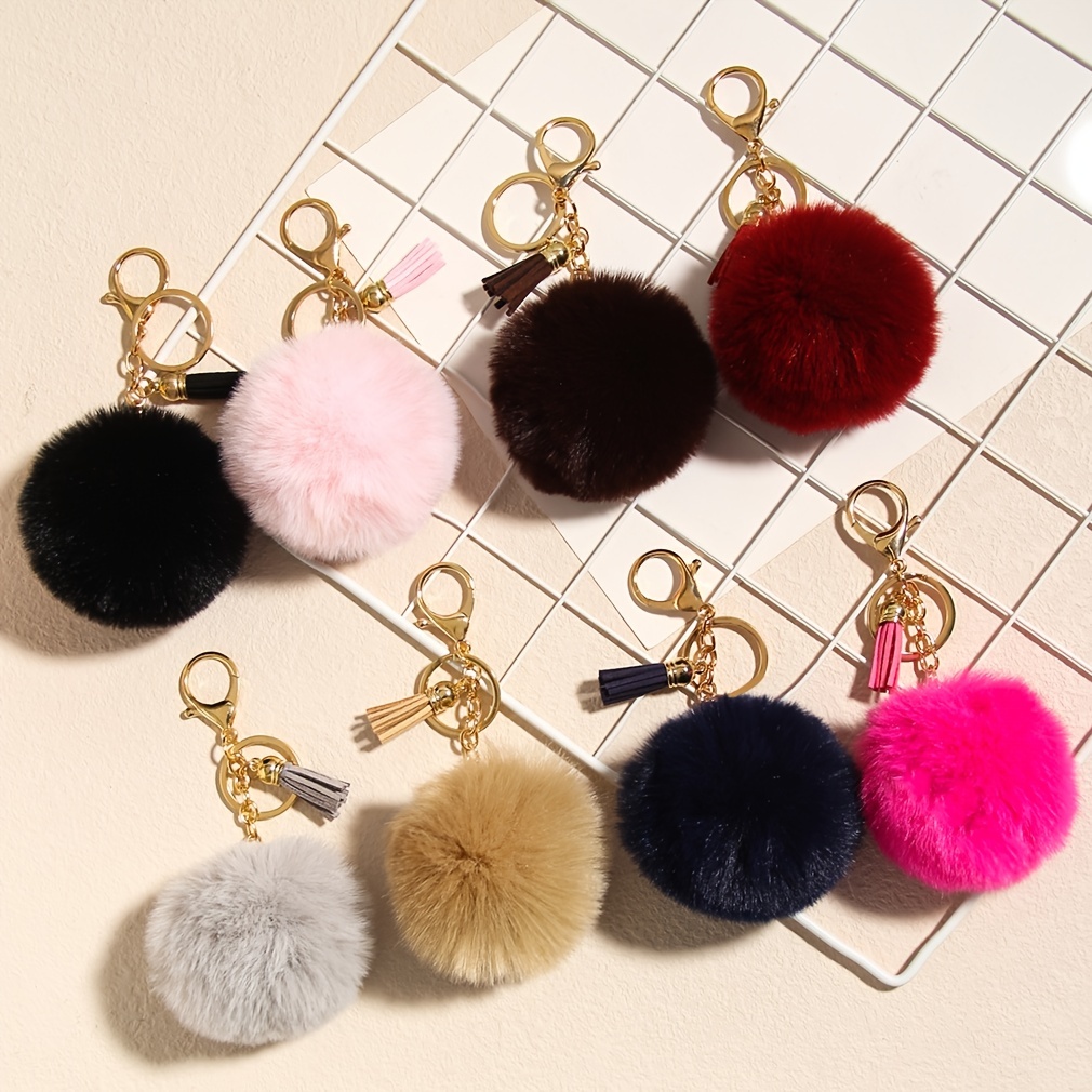 Cute Fluffy Artificial Rabbit Fur Ball Pompom Leaf Keychain, Cherry Key Chain Handbag Pendant Car Key Chain Key Ring Car Interior Accessories,Temu