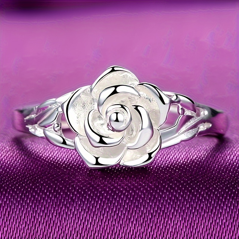 XIAQUJ Guoshang Ladies Rose Flower Ring Silver Ring Rose Flower