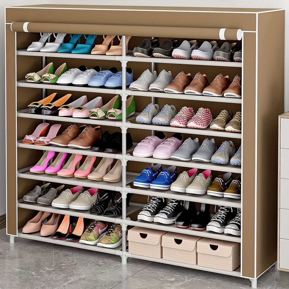 Zapatero estrecho y alto con cubierta de tela, armario de metal para  zapatos, armario, organizador de almacenamiento para apartamentos de  espacios