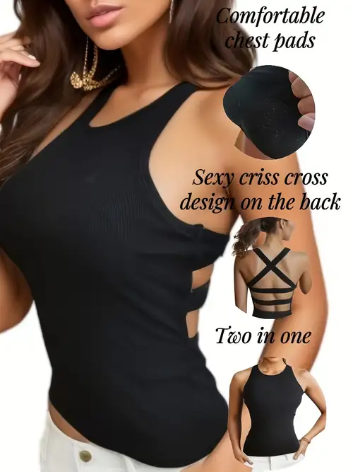Criss Cross Hollow Crop Tops Sexy Solid Sleeveless Backless - Temu Canada