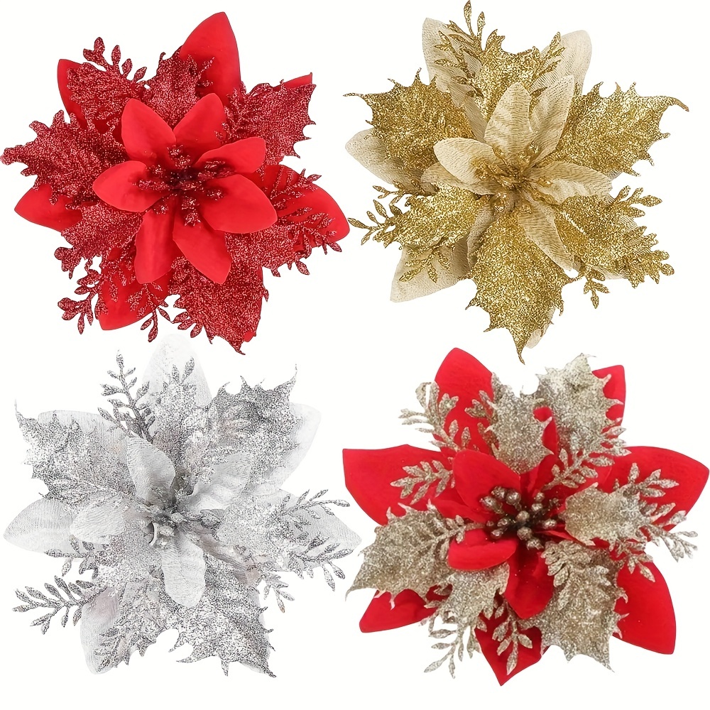 10Pcs 9-16cm Artificial Christmas Flowers Xmas Tree Decoration Glitter Red Poinsettia  Flowers For Home Navidad New Year Ornament