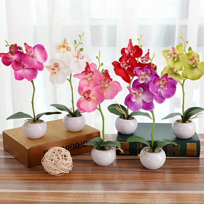 Orquídeas de flores de simulación, arreglo floral artificial de  Phalaenopsis, flores de orquídea de seda sintética con jarrón de cerámica,  decoración
