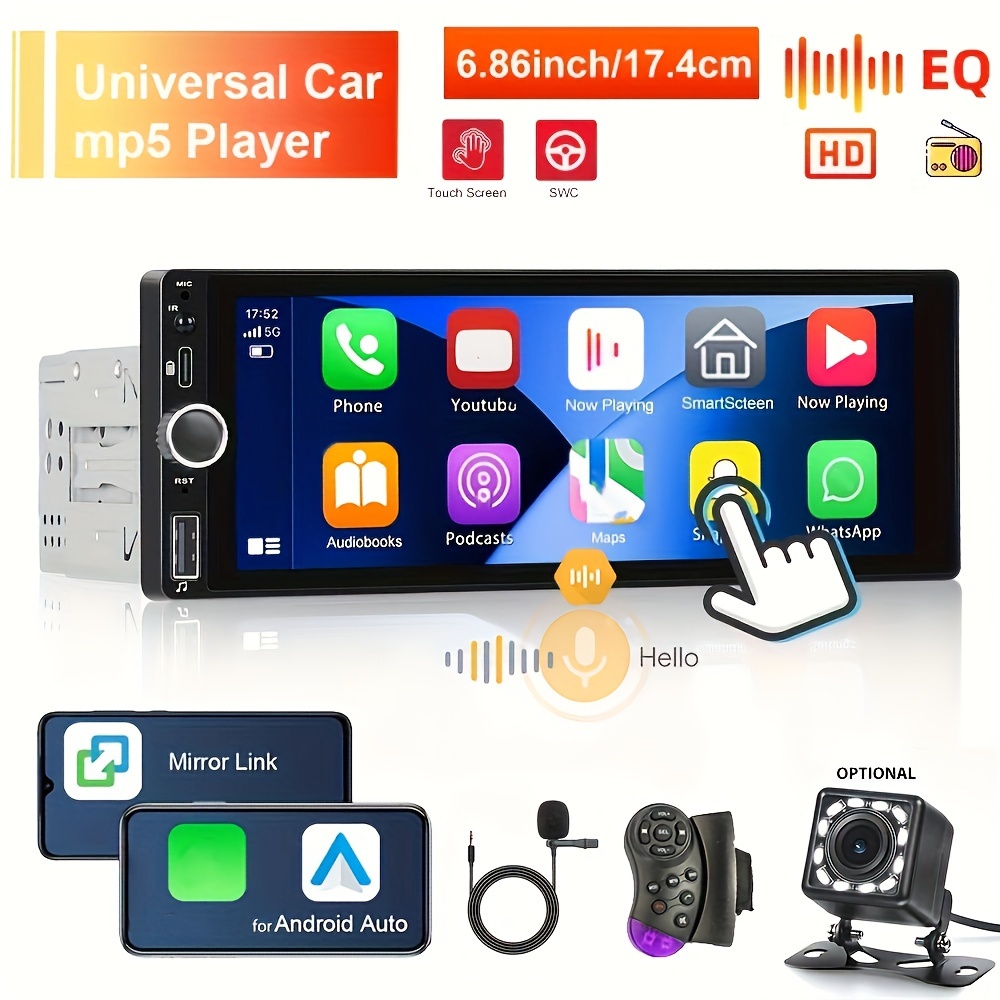 Single Din Car Stereo Support Apple Carplay Android Auto, Podofo 5.1'' IPS  Touchscreen Car Radio Video Music Player Bluetooth Audio AUX/USB/FM Voice