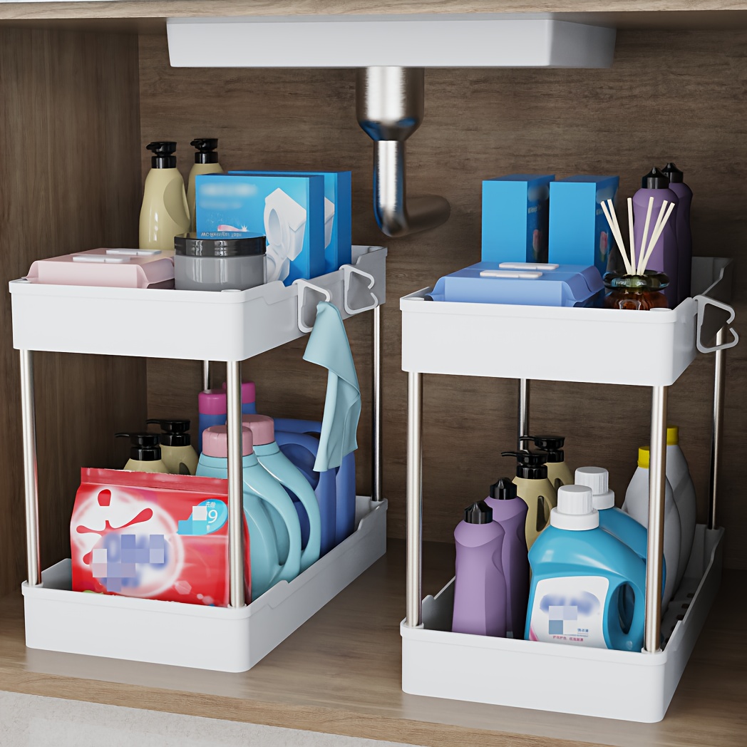 2 Pack Under Sink Organizers and Storage, Under Cabinet Organizer, Bathroom  Organizer Multi-purpose Under Kitchen Sink Storage, Under Sink Organizers  with Handles, 2 Cups and 4 Hooks. (Pink-2Pack) 