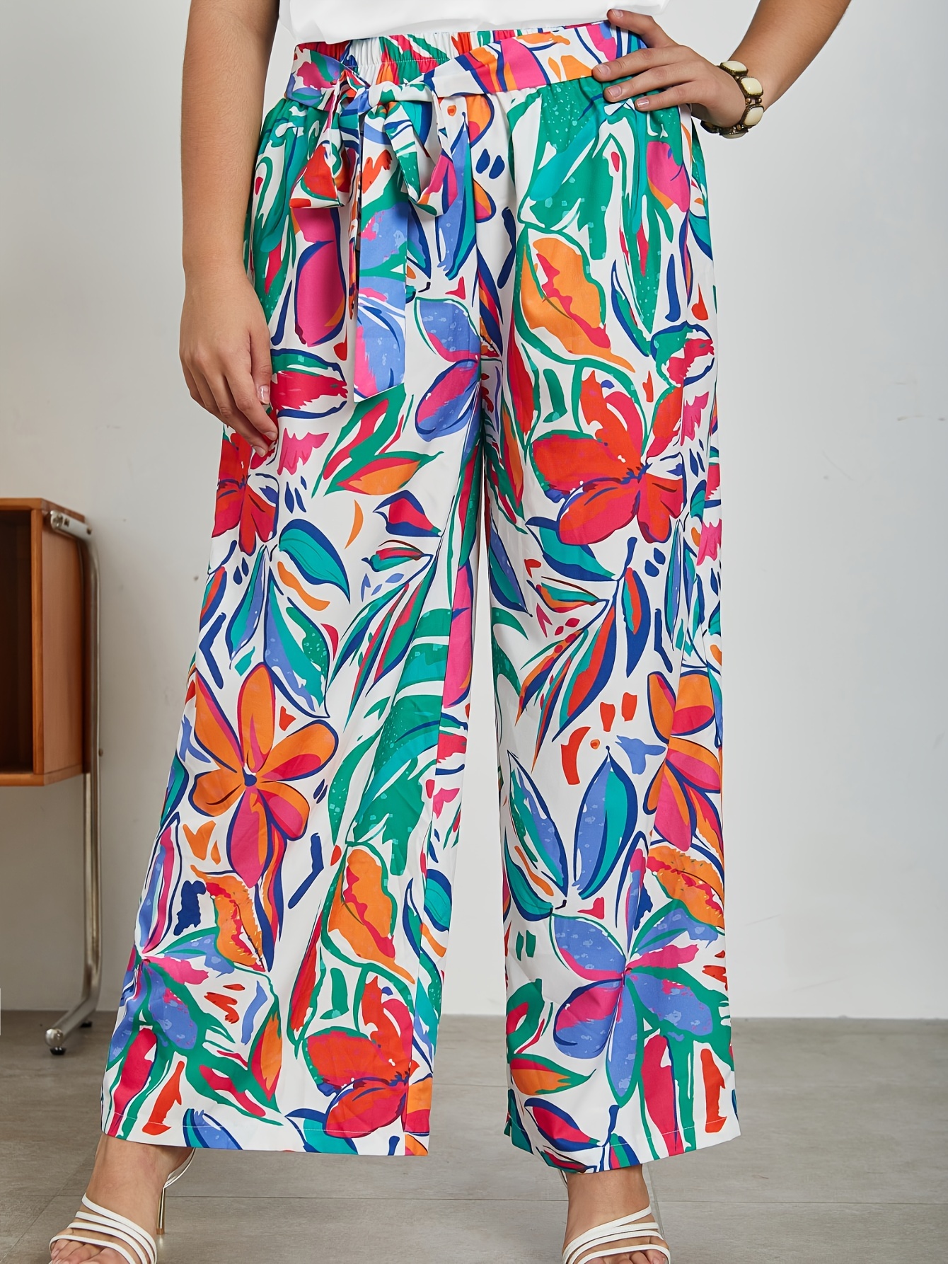 Boho Floral Print Two piece Set Wide Leg Pants Surplice Neck